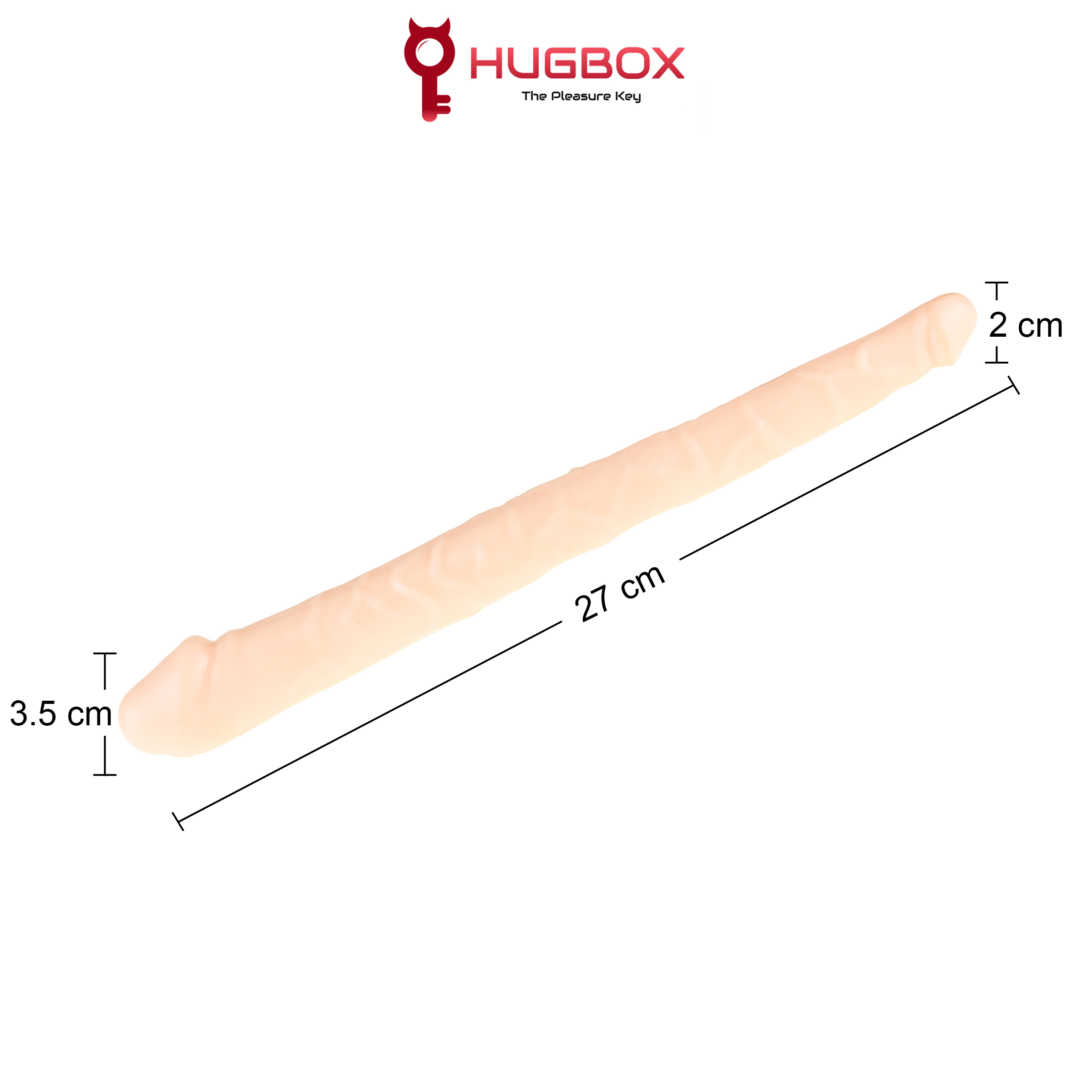 Un consolador color carne con medidas de tamaño, sobre fondo blanco, logo de Hugbox.