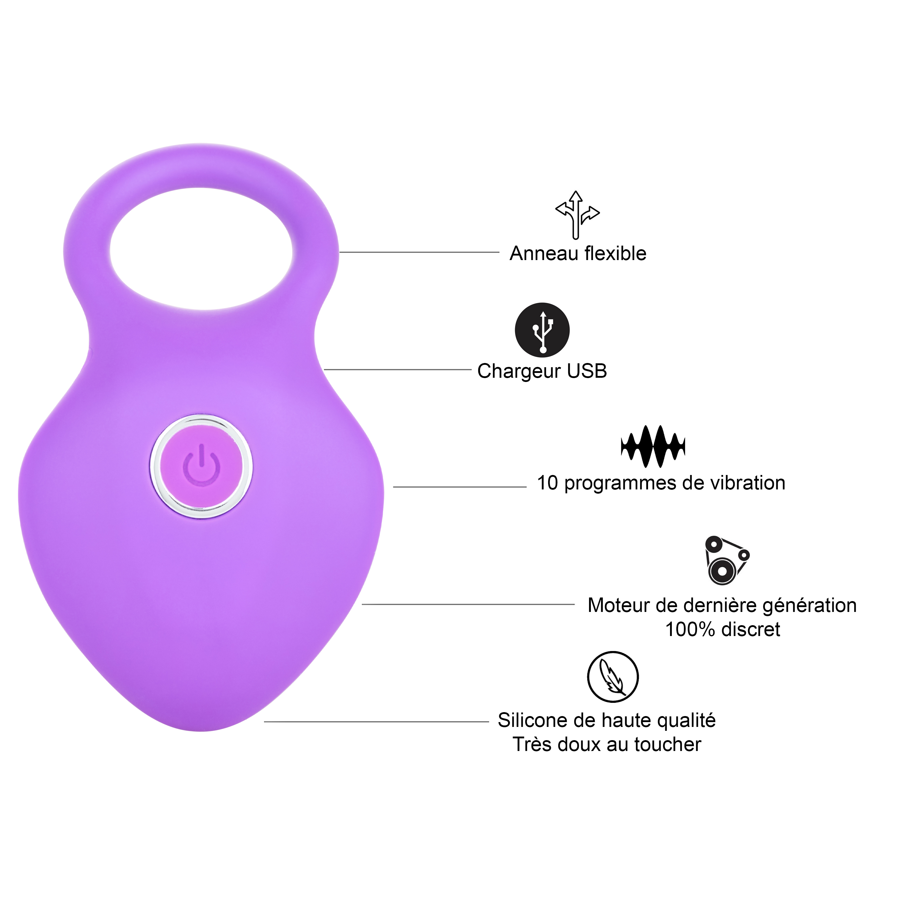 Vibrador morado con anillo, cargador USB y 10 programas de vibración. Motor discreto.