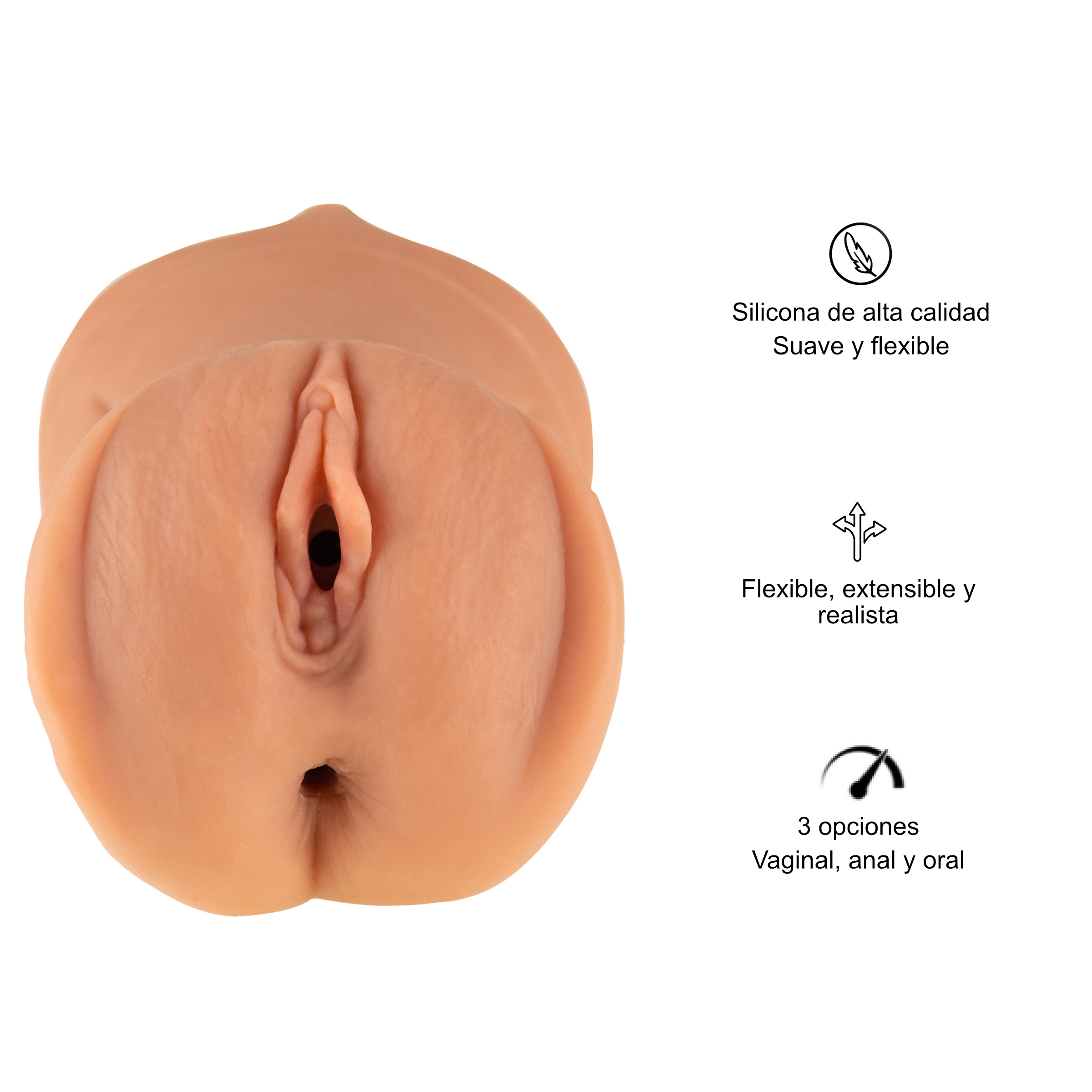 Un juguete sexual realista color carne con texto en español que indica características como materiales y opciones.