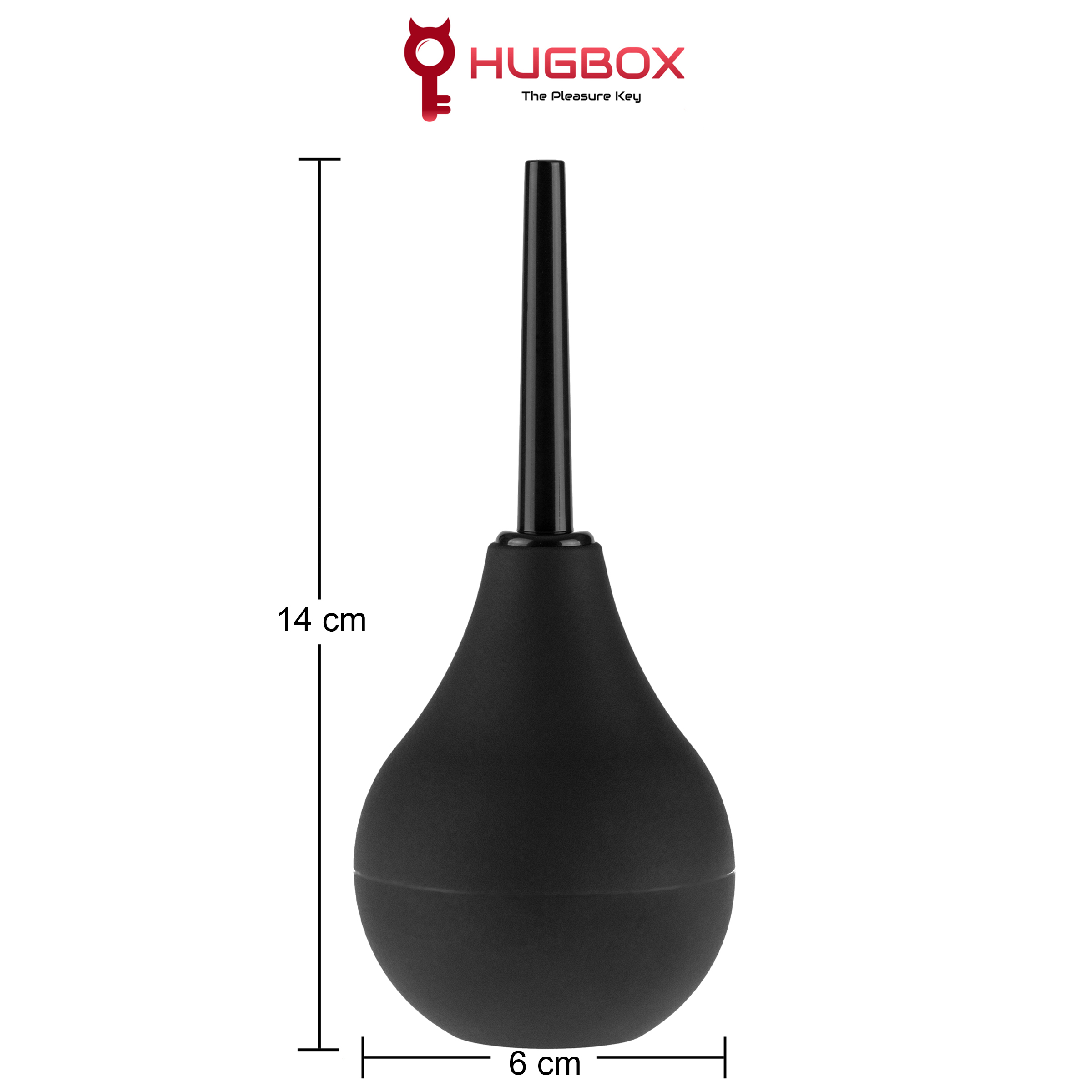 Ducha anal negra en forma de bulbo con boquilla larga. Logo rojo de Hugbox arriba. Sobre fondo blanco.