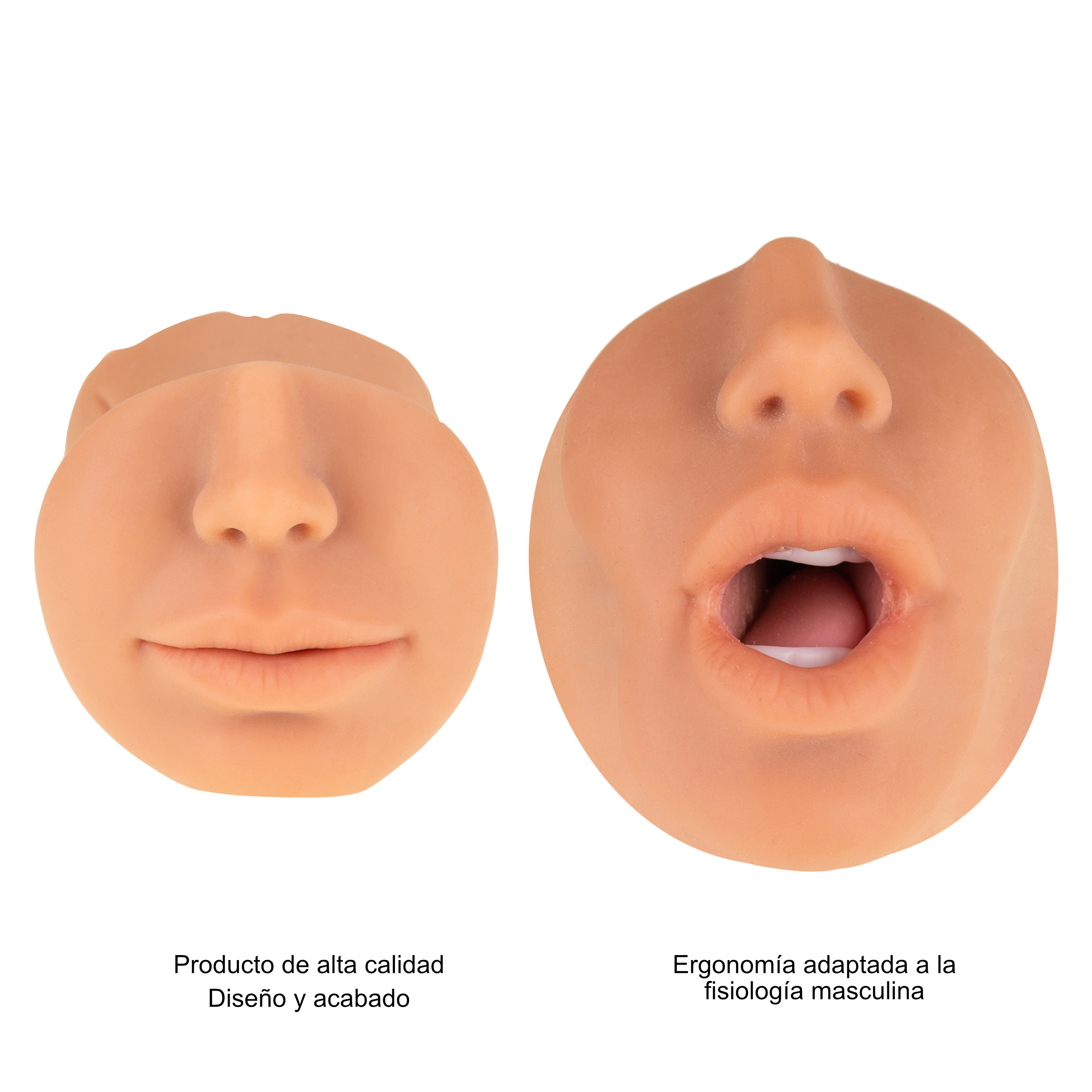 Juguete sexual con forma de rostro realista. Se muestran dos moldes de rostro. Fondo blanco.