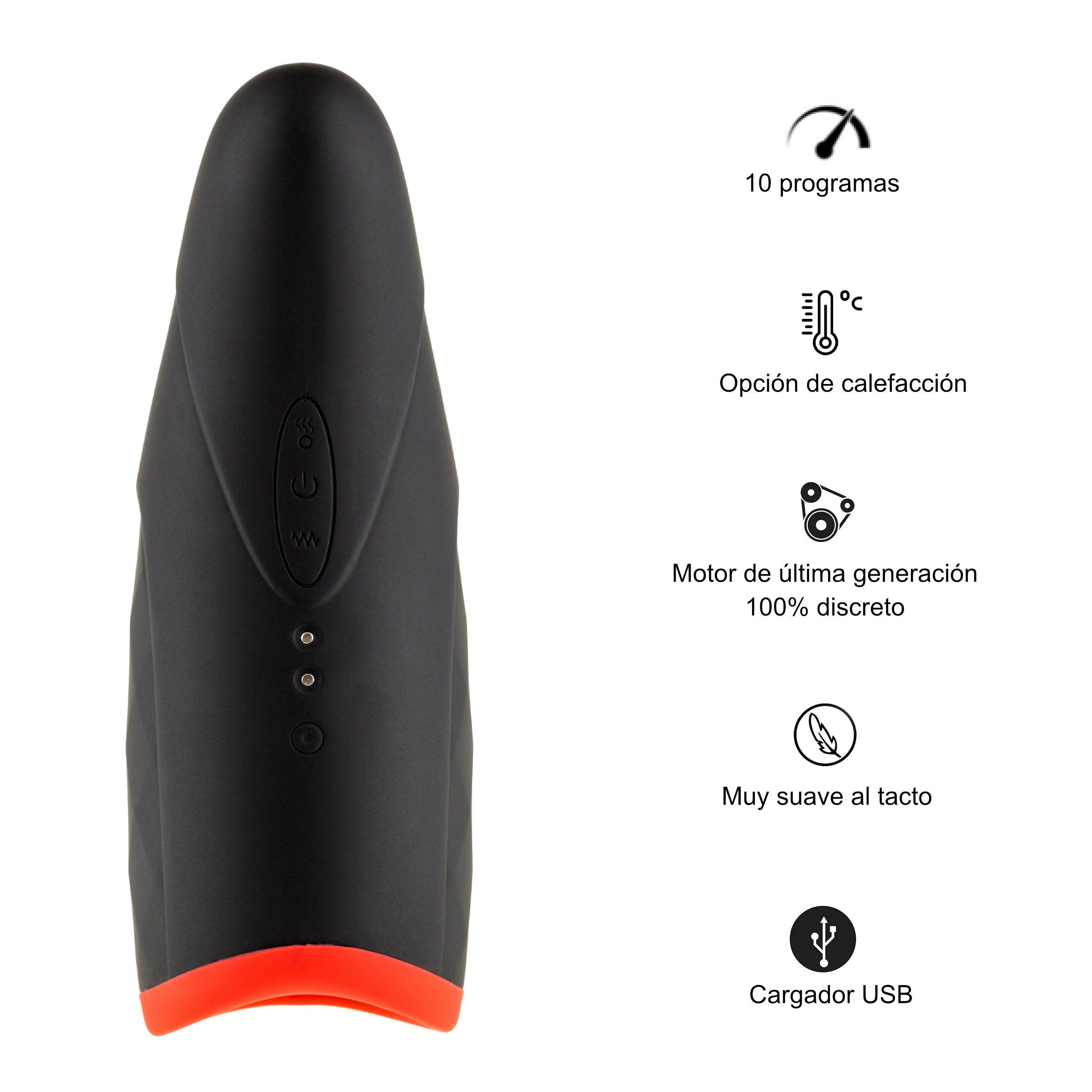 Vibrador negro con base roja, opción de calefacción, 10 programas y carga USB.