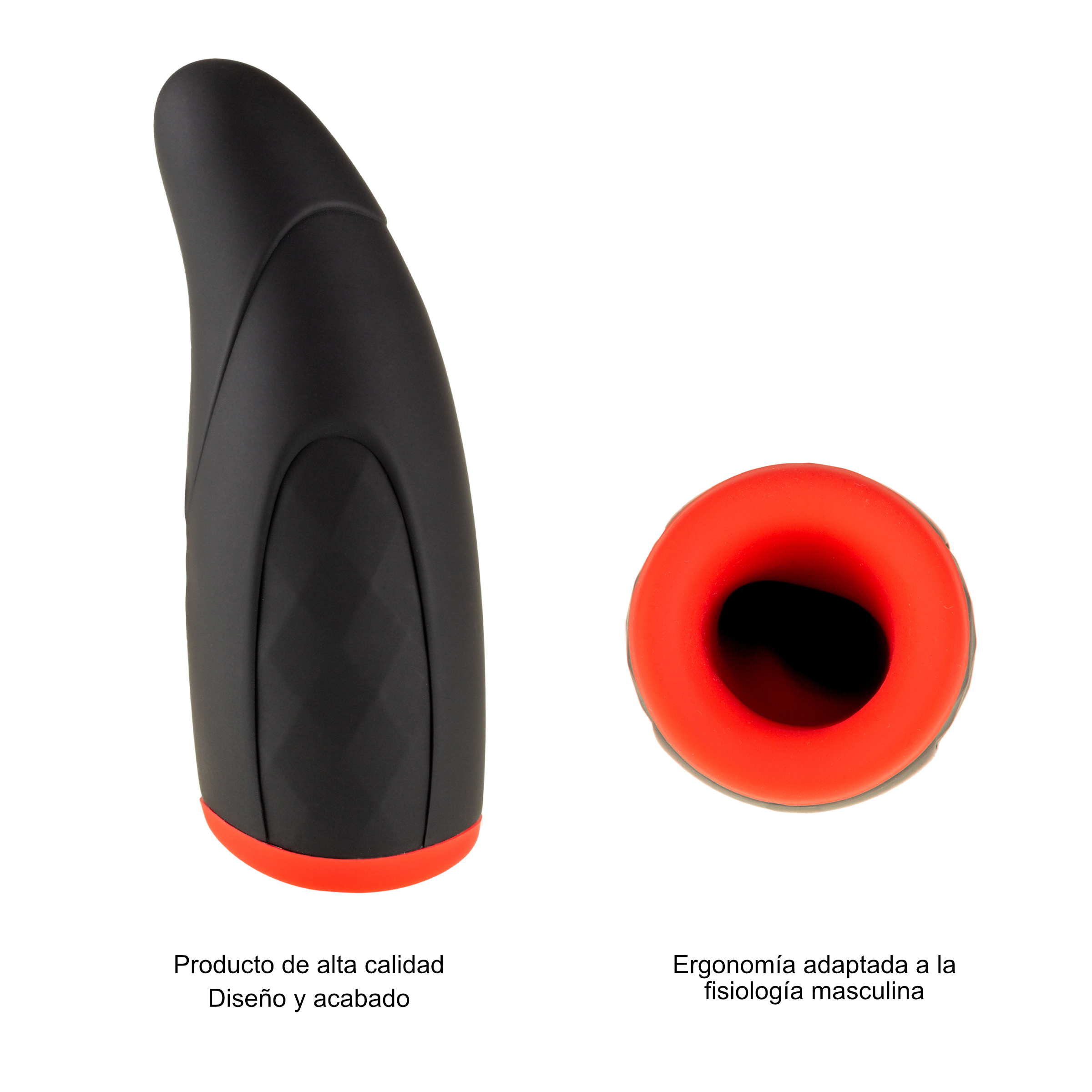 Juguete sexual negro y rojo. Uno está vertical, el otro tiene forma de anillo. Ambos sobre fondo blanco.