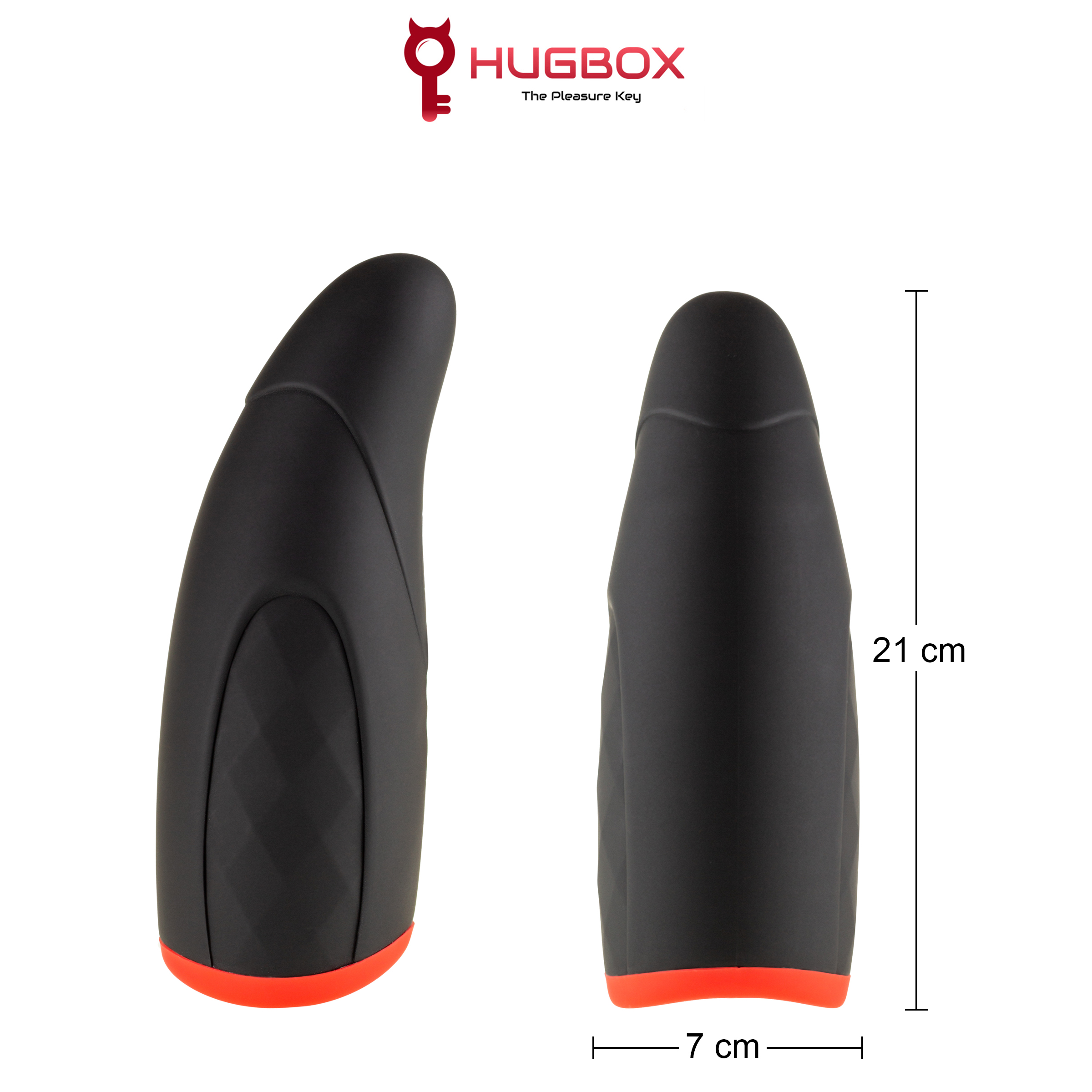 Juguete sexual negro y rojo con forma curva. Se muestran dos juguetes. Logotipo de Hugbox arriba. Fondo blanco.