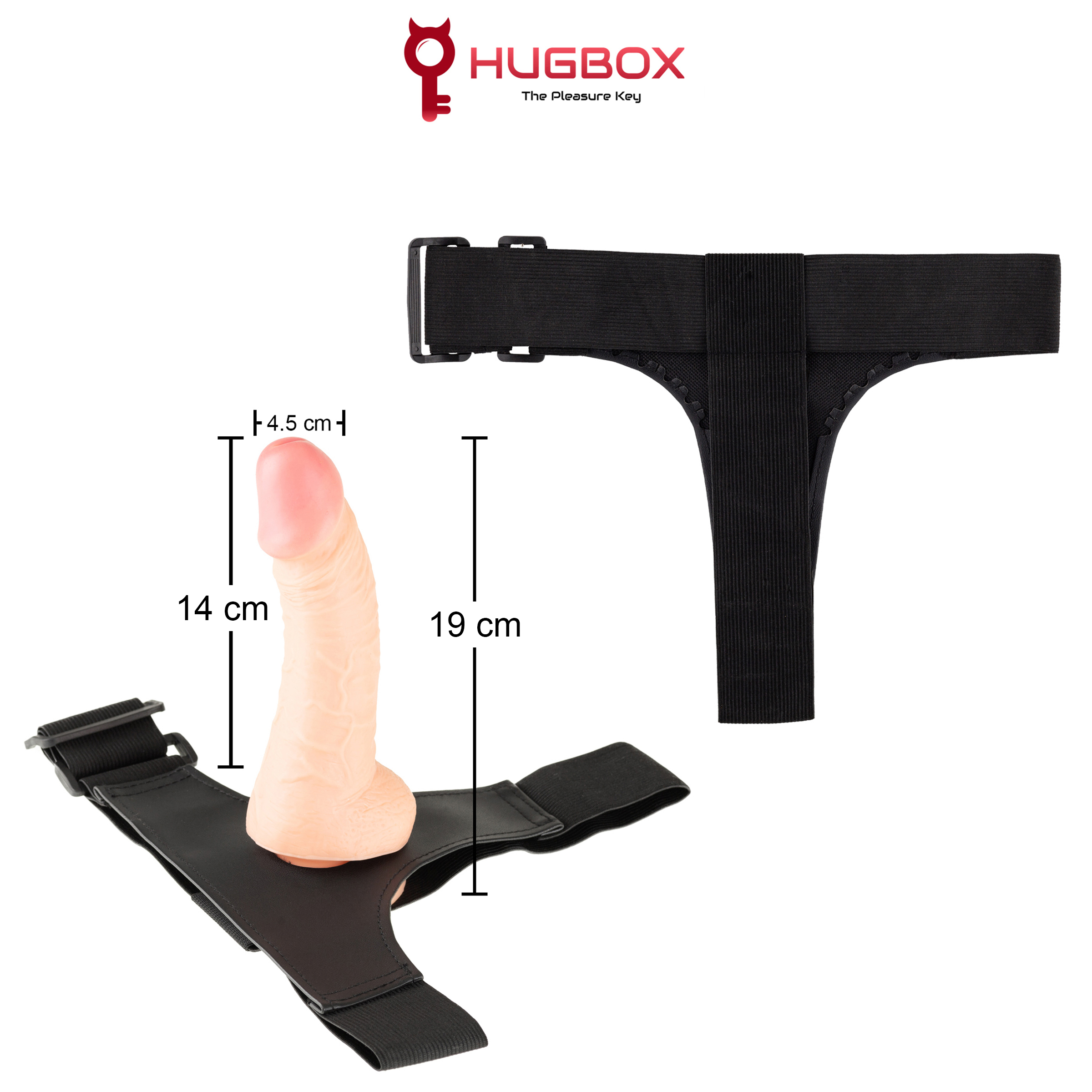 Juguete de anatomía con un consolador, correas y medidas. Un consolador rosa mide 14 cm de largo.