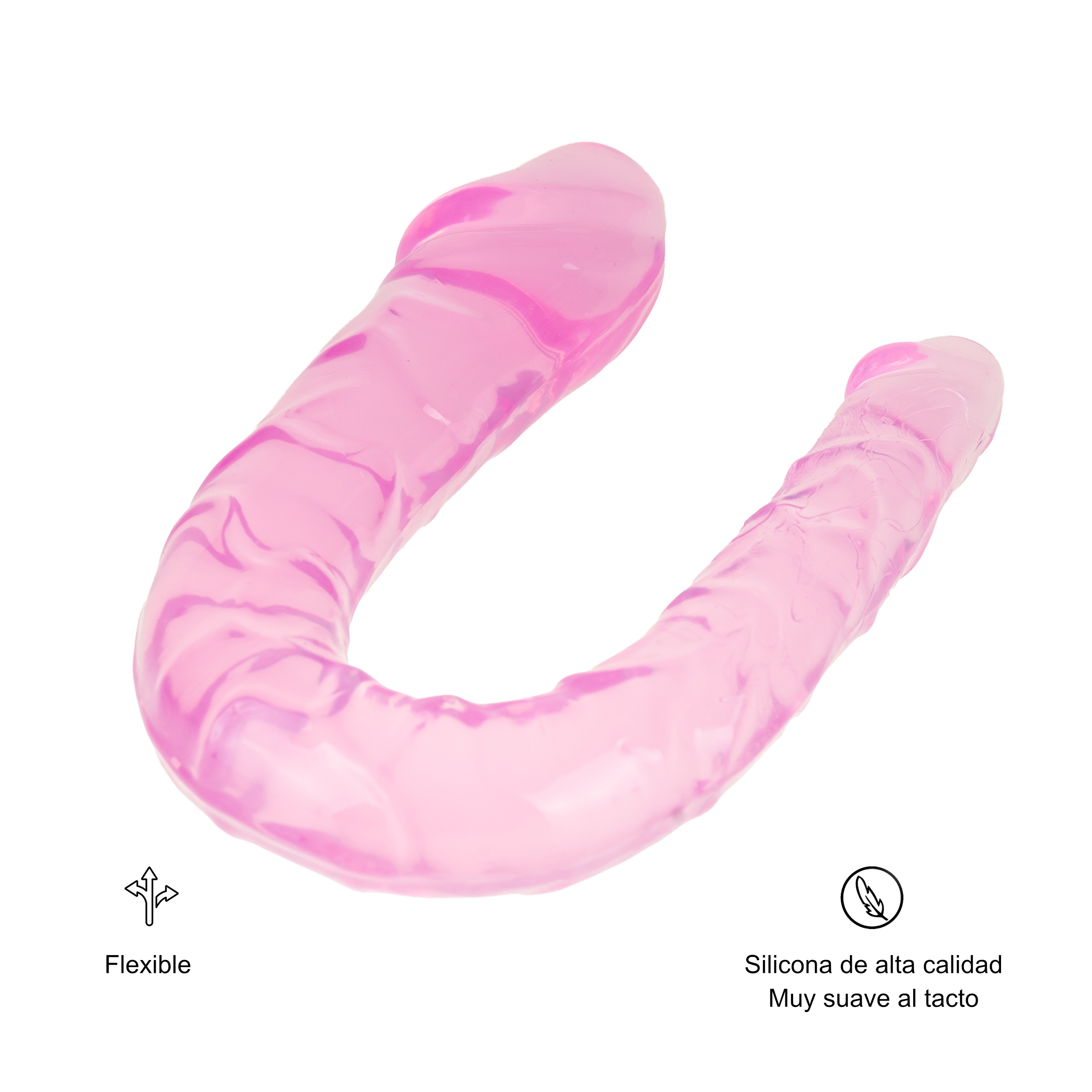 Juguete sexual rosa y flexible. El texto dice: "Flexible" y "Silicona de alta calidad. Muy suave al tacto."