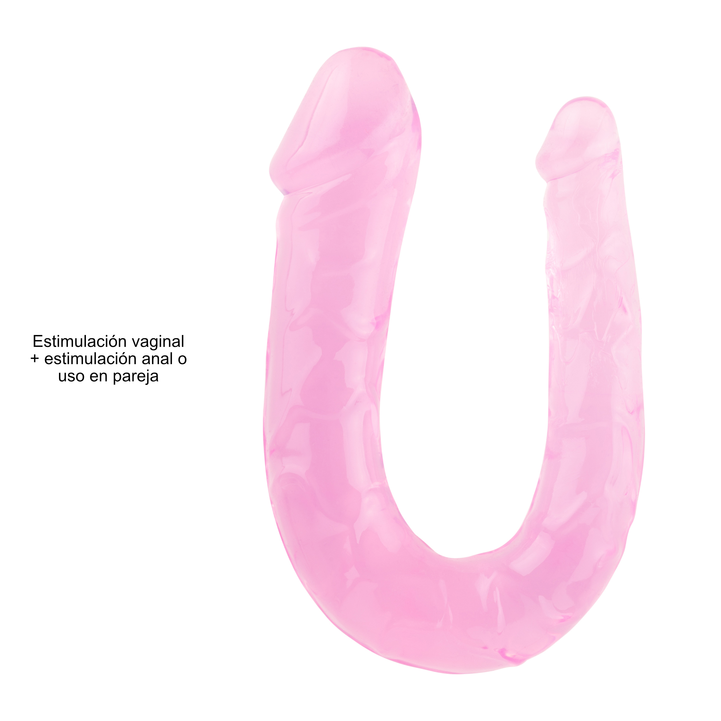 Juguete sexual rosa en forma de U. El texto dice: "Estimulación vaginal + estimulación anal o uso en pareja."
