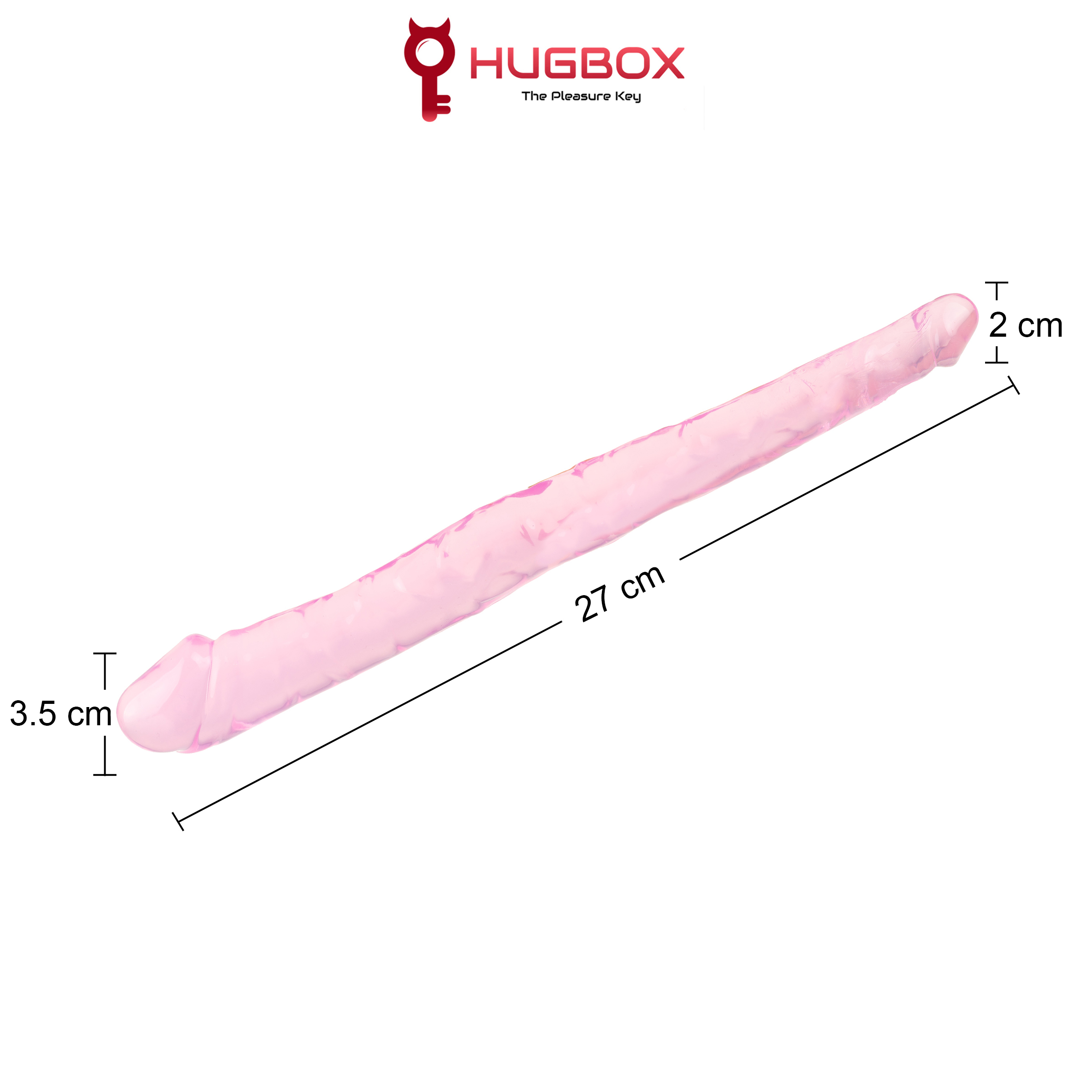 Dildo rosa con dimensiones sobre fondo blanco. Un logo está en la parte superior izquierda.