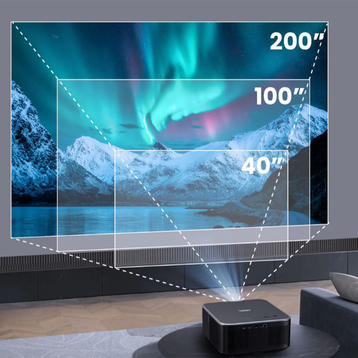 Projektor wyświetlający na ekranie. Wiele rozmiarów ekranu jest podświetlonych. Rozmyte tło.