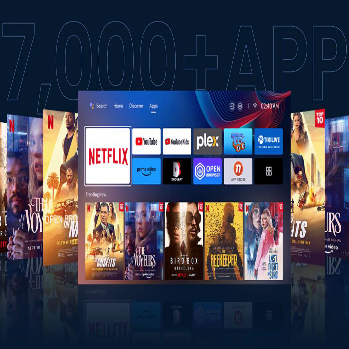 Ekran wyświetlający wiele plakatów filmowych i menu z aplikacjami takimi jak Netflix, YouTube i Plex.