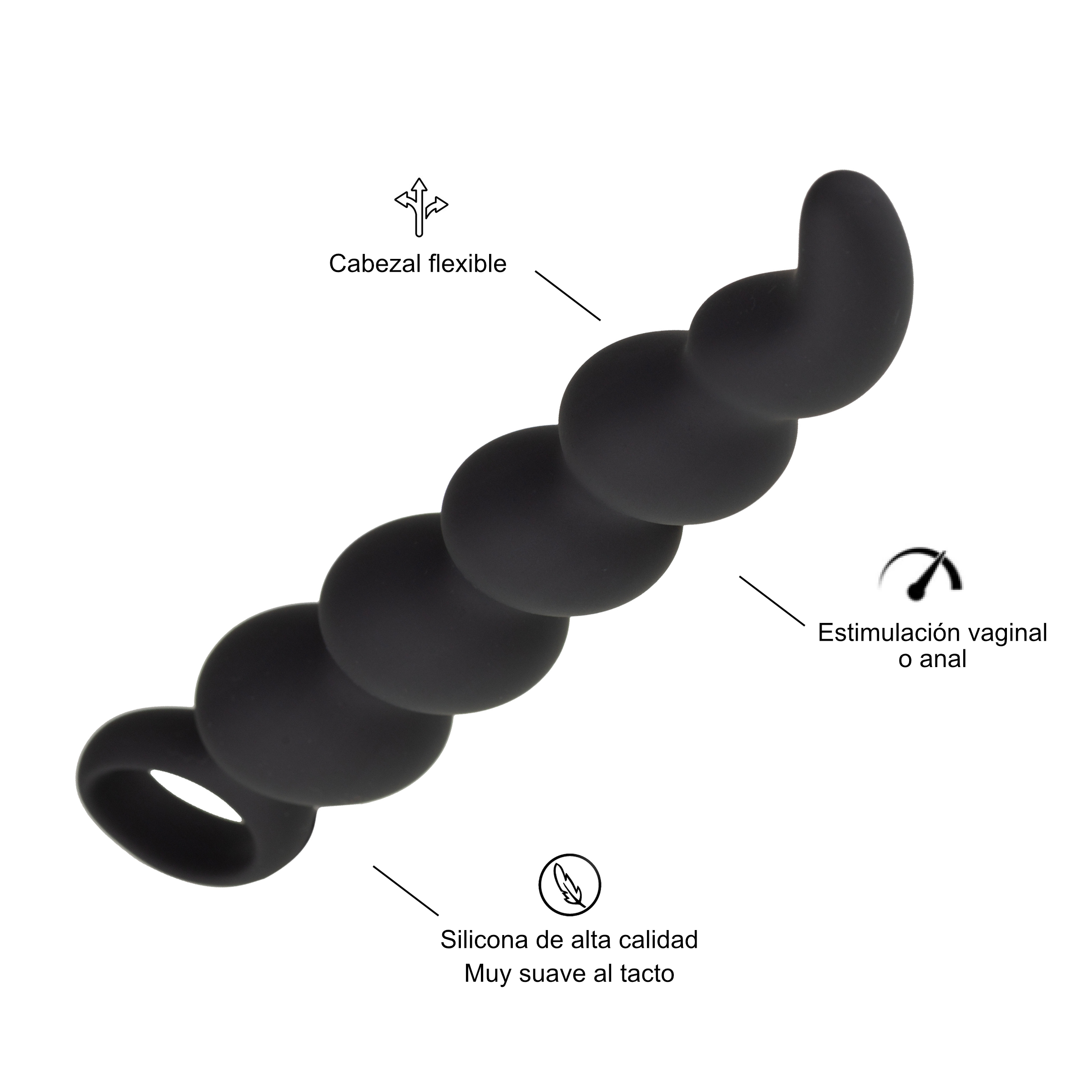 Juguete anal negro con cuentas con etiquetas sobre fondo blanco. Las etiquetas describen la cabeza flexible.