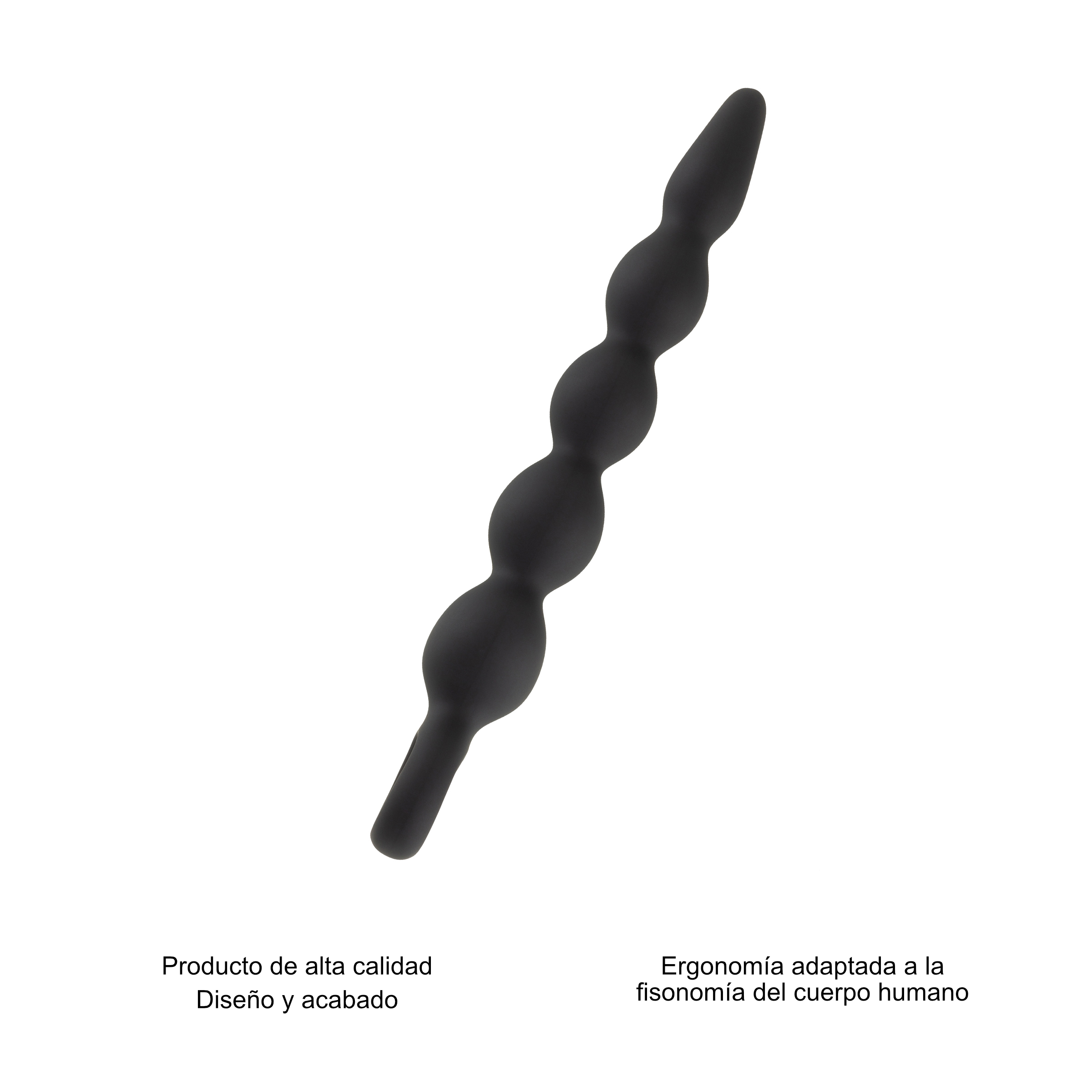 Juguete anal negro con cuentas sobre fondo blanco. Texto en español: Producto de alta calidad.