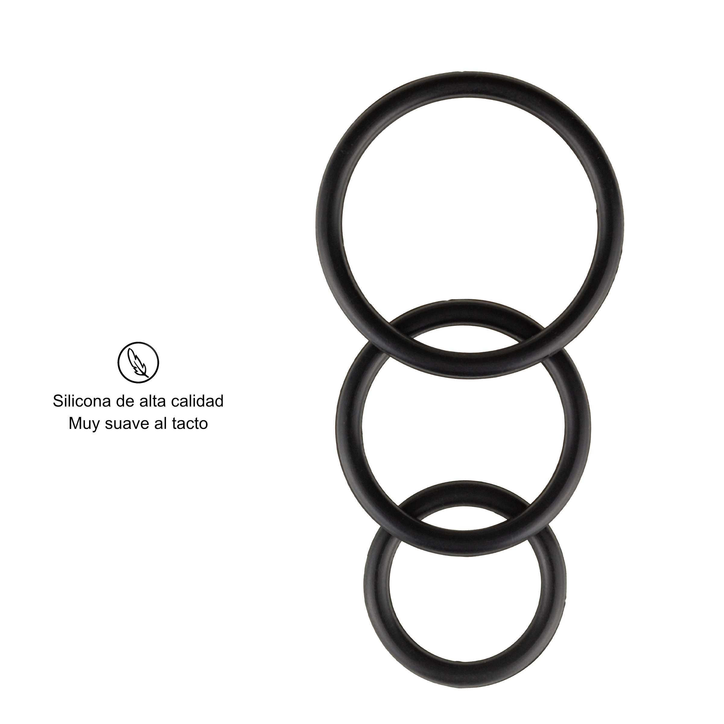 Tres anillos negros y redondos. Texto: Silicona de alta calidad. Muy suave al tacto. Fondo blanco.