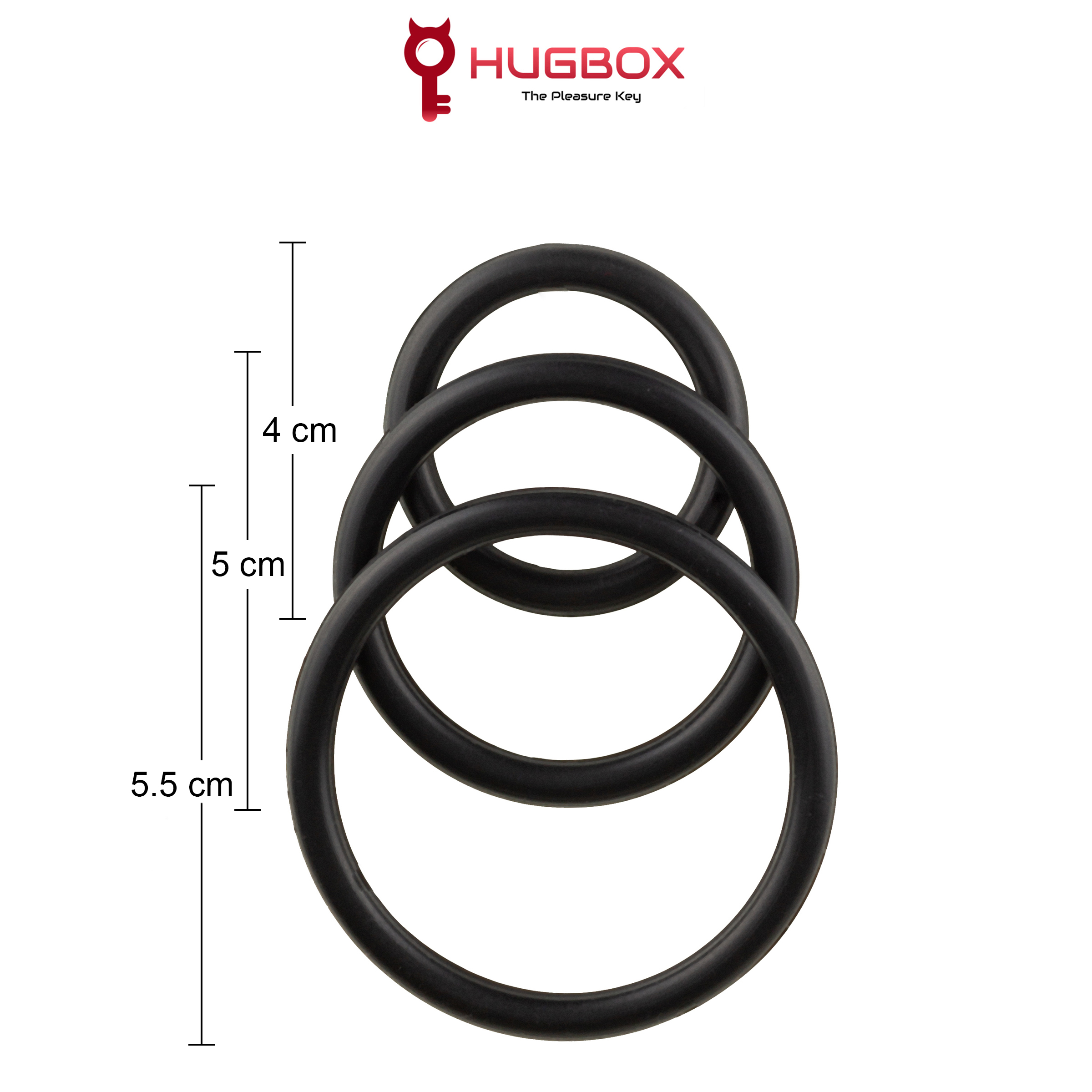 Tres anillos negros de diferentes tamaños sobre fondo blanco. Las dimensiones son 4, 5 y 5,5 cm.
