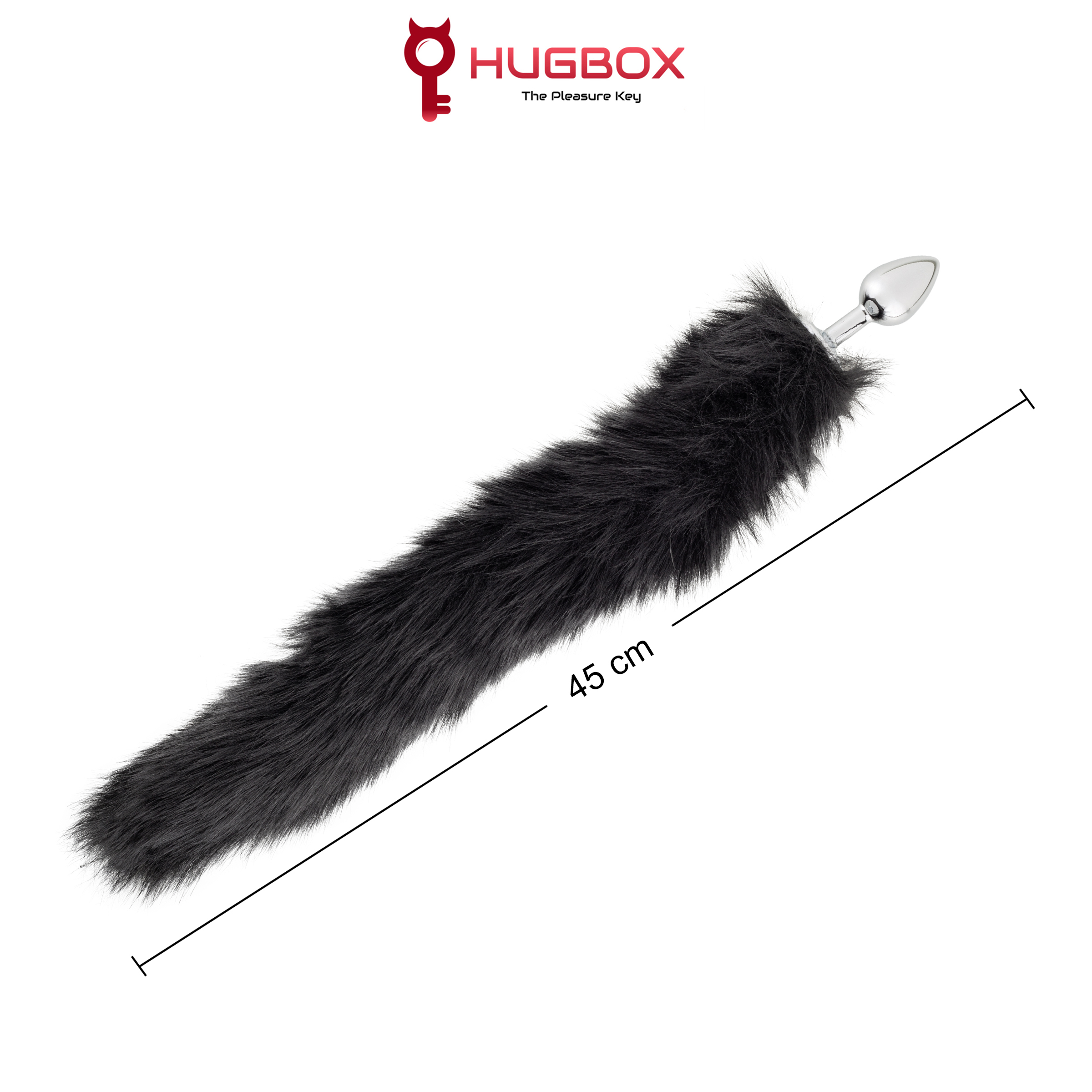Juguete anal negro y esponjoso con inserto metálico sobre fondo blanco. El juguete mide 45 cm.