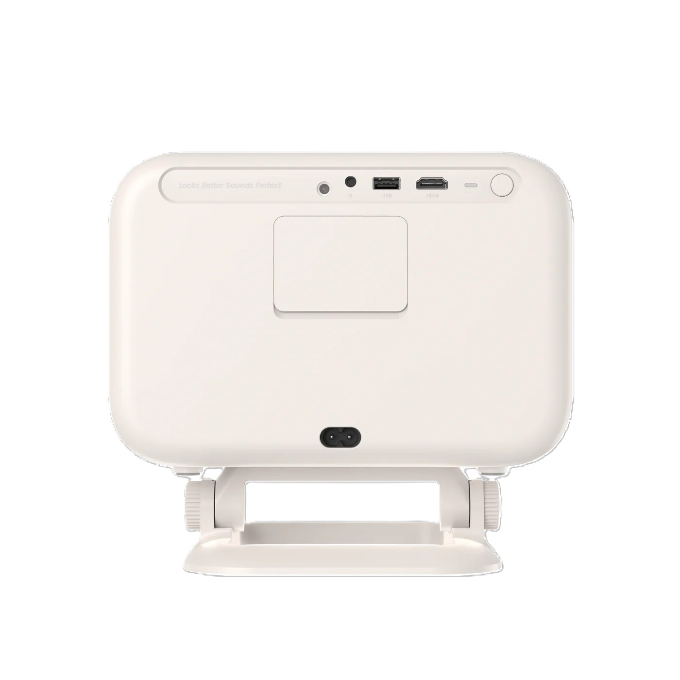 Biały projektor z zakrzywionym wierzchem, czarnym gniazdem zasilania i białym stojakiem. Tył ma porty.