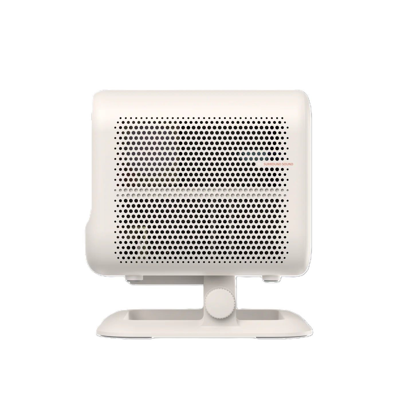 Biały projektor z otworami na głośniki. Biała podstawa. Białe tło.