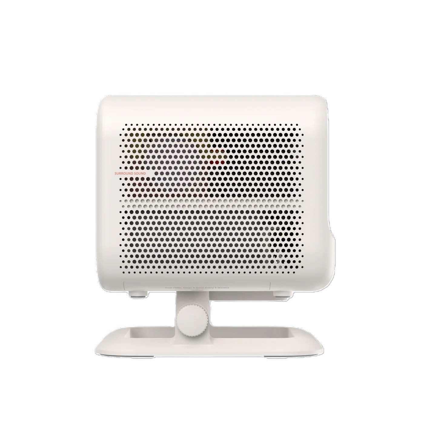 Biały projektor, otwory głośnikowe. Biała podstawka. Białe tło.