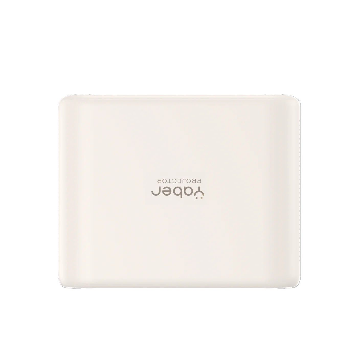 Biały projektor z tekstem "yaber" na tylnej stronie. Białe tło.