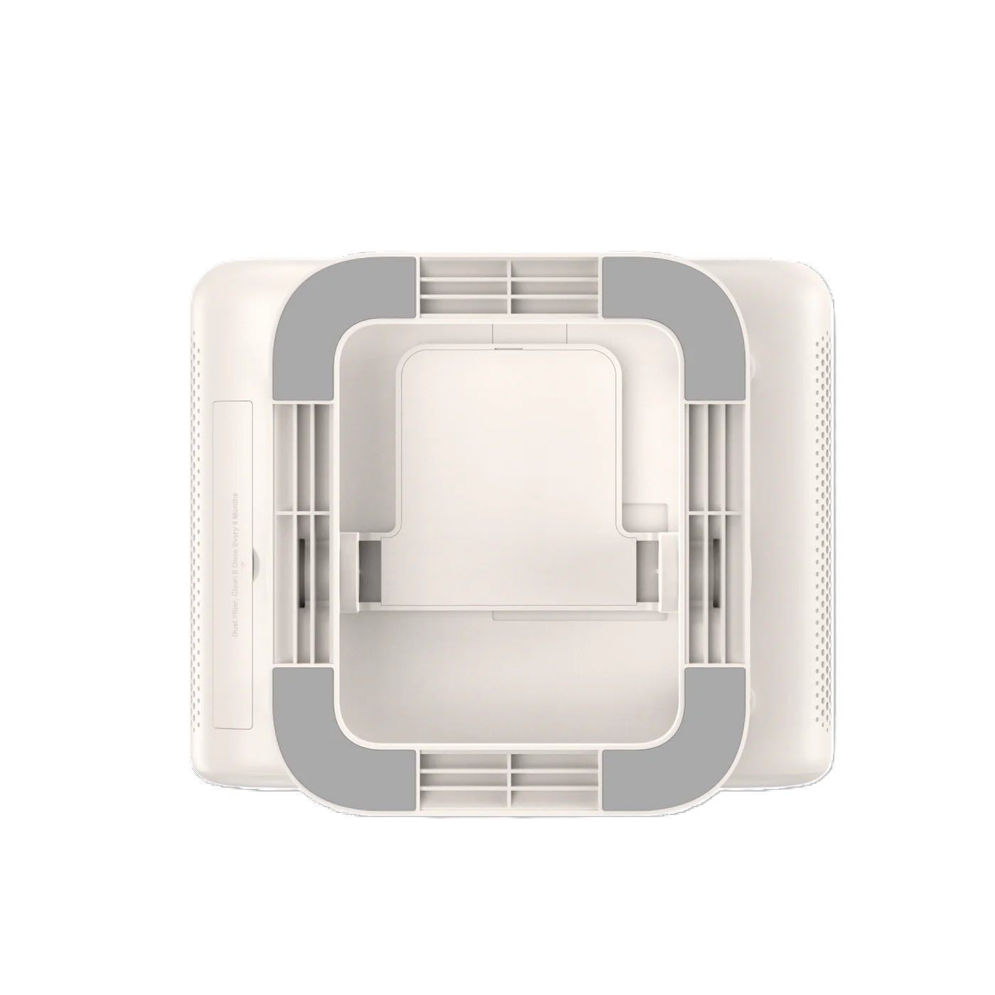 Widok z góry na biały oczyszczacz powietrza z szarymi akcentami.