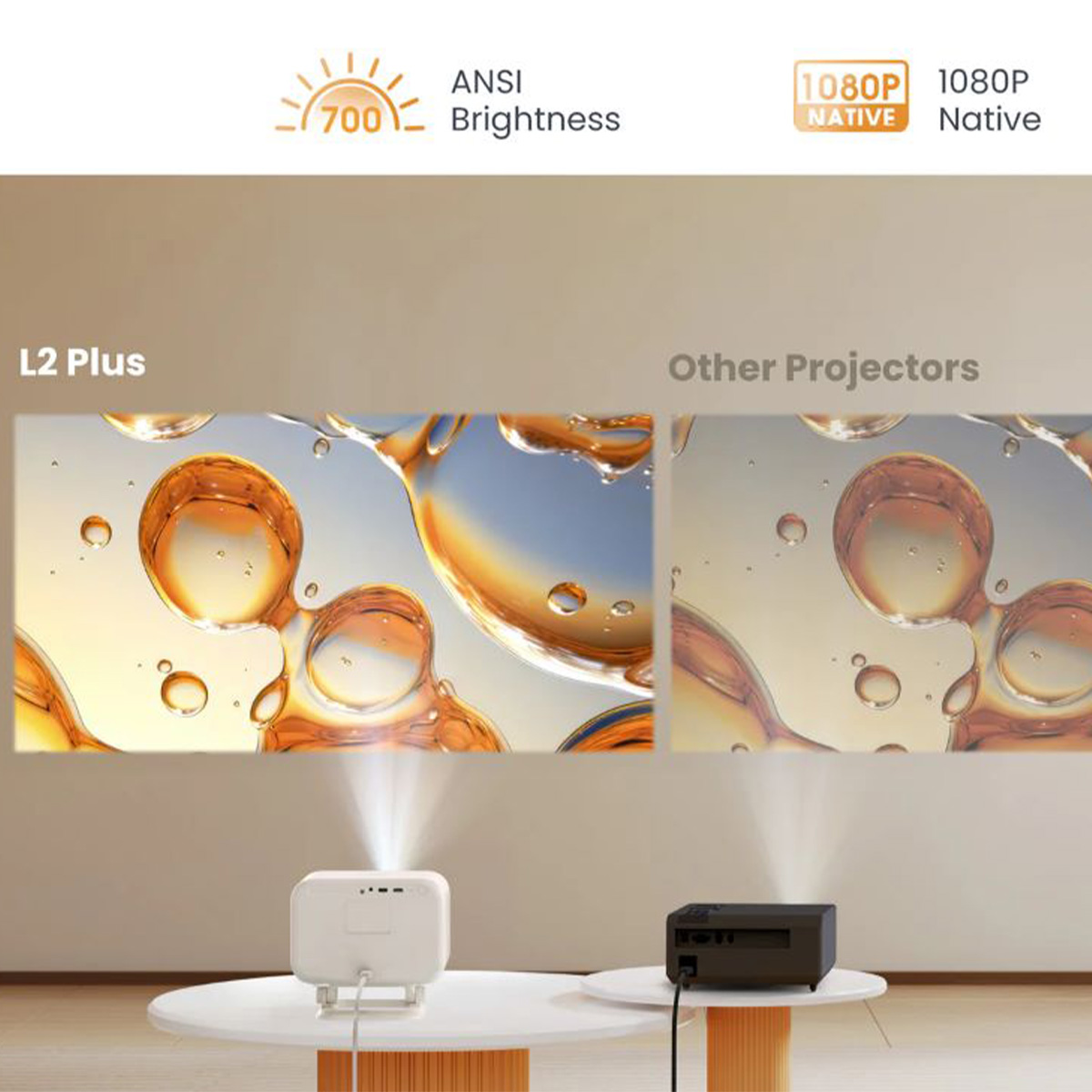 Biały projektor wyświetlający porównanie projekcji. Białe tło.