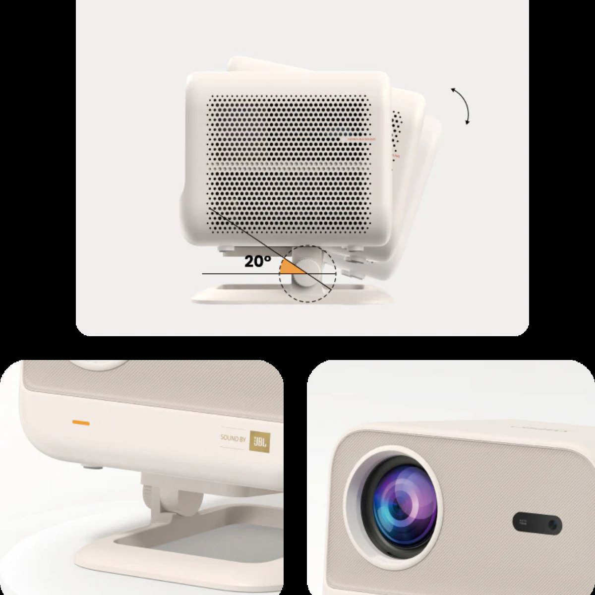 Biały projektor z logo JBL. Biała podstawka. Wyświetlanie porównania projekcji. Białe tło.