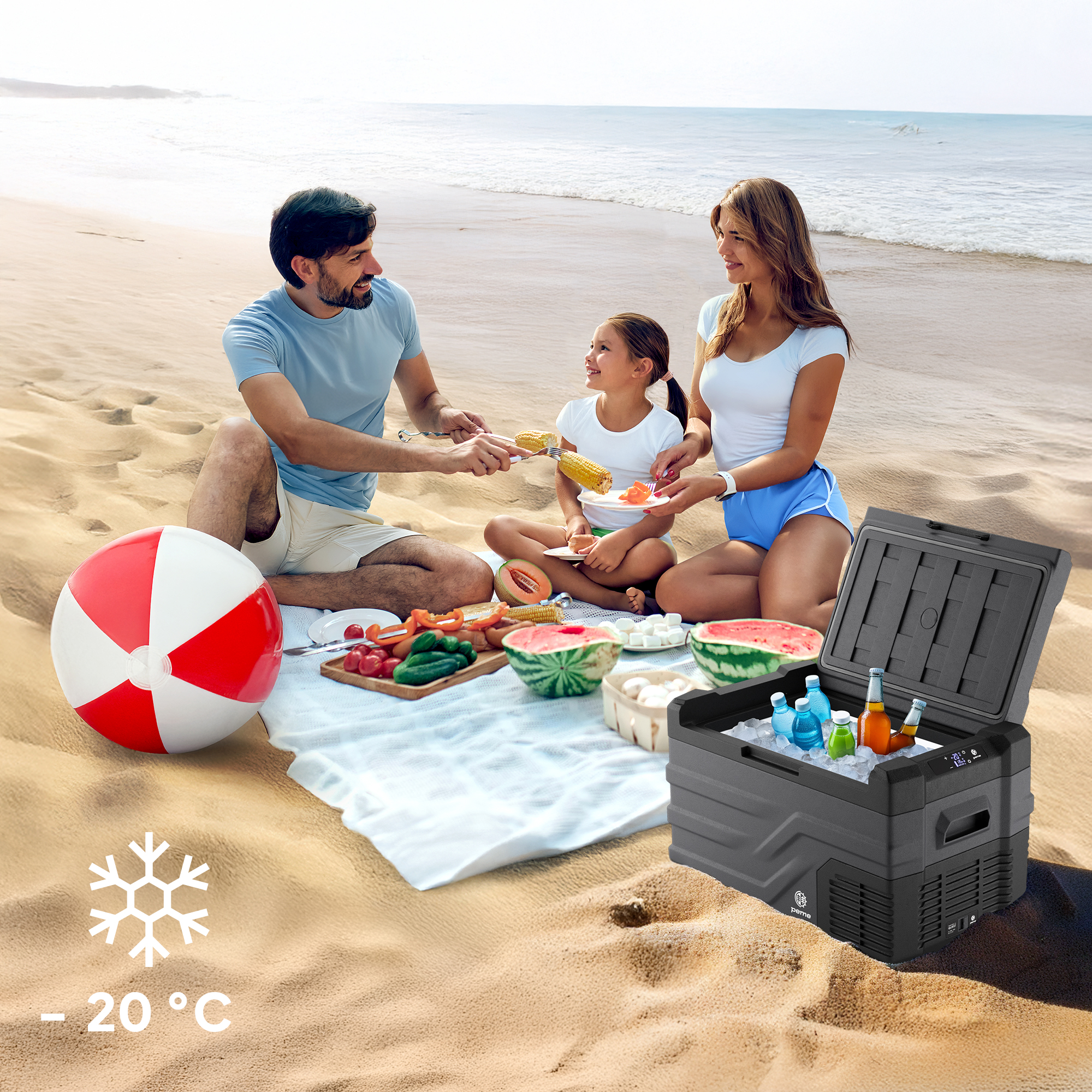 Familia en la playa con nevera negra, comida y pelota; se muestra un copo de nieve.