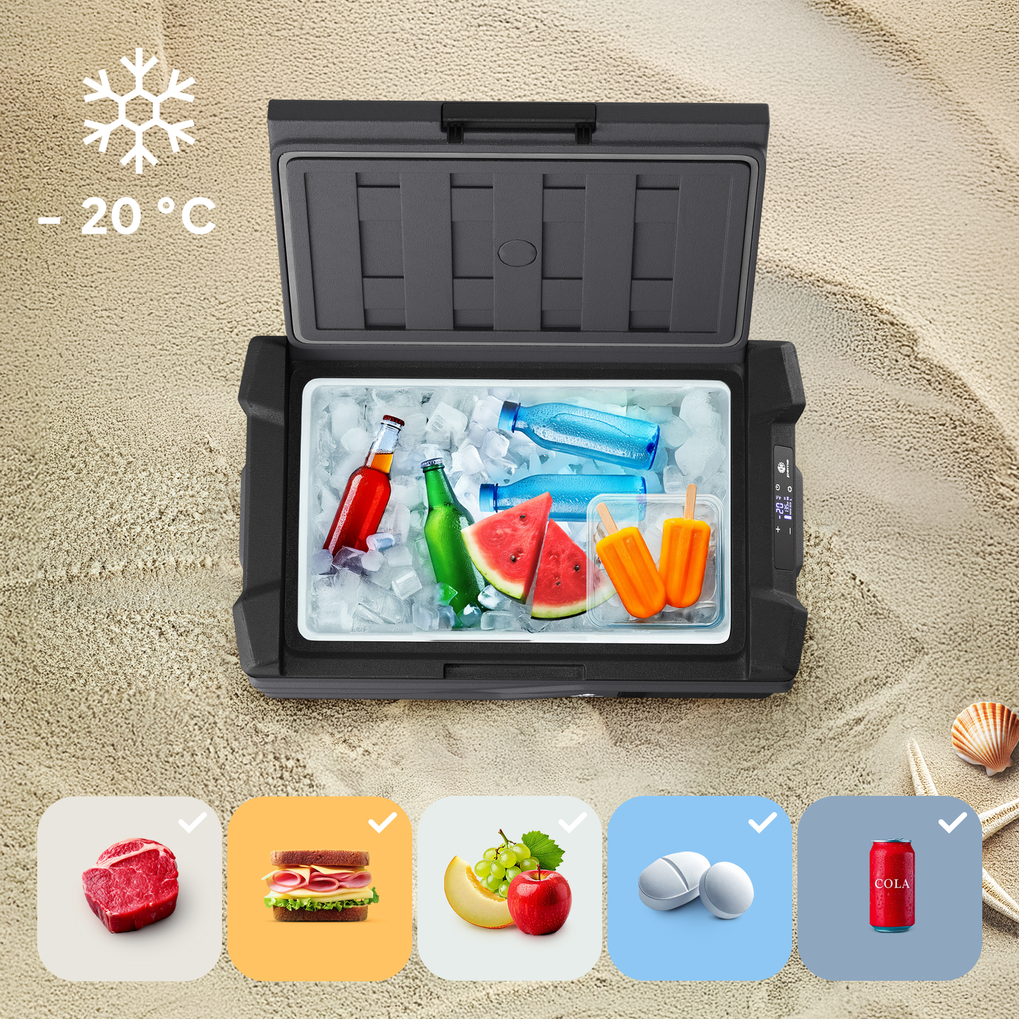 Nevera negra abierta llena de hielo, bebidas y alimentos en la playa, con iconos.