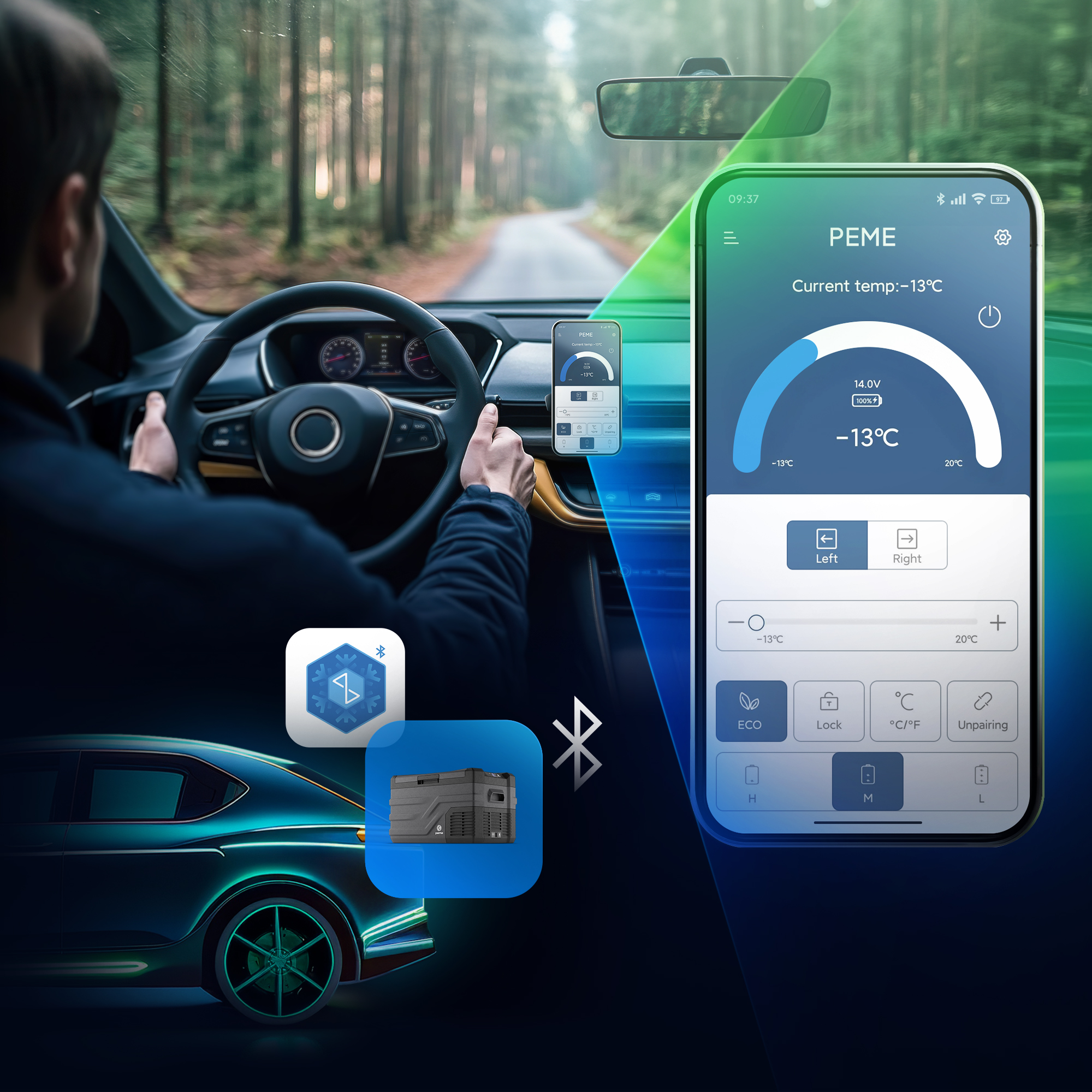 Panel de control del coche mostrando la interfaz del teléfono, con nevera negra e iconos Bluetooth.