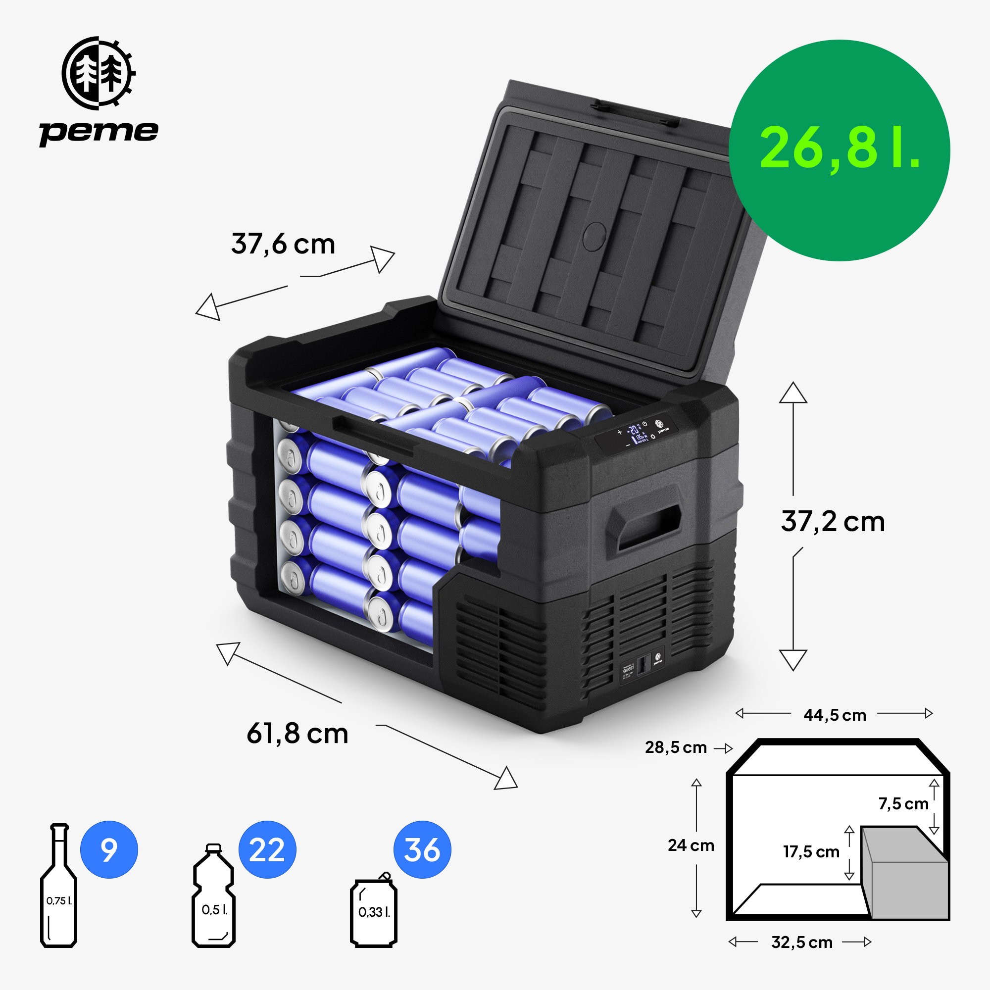 Nevera negra con tapa abierta llena de baterías azules, dimensiones y etiquetas de capacidad.