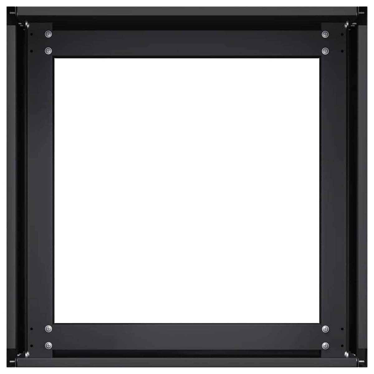 Cornice quadrata in metallo nero con interno bianco. I fissaggi sono visibili agli angoli.