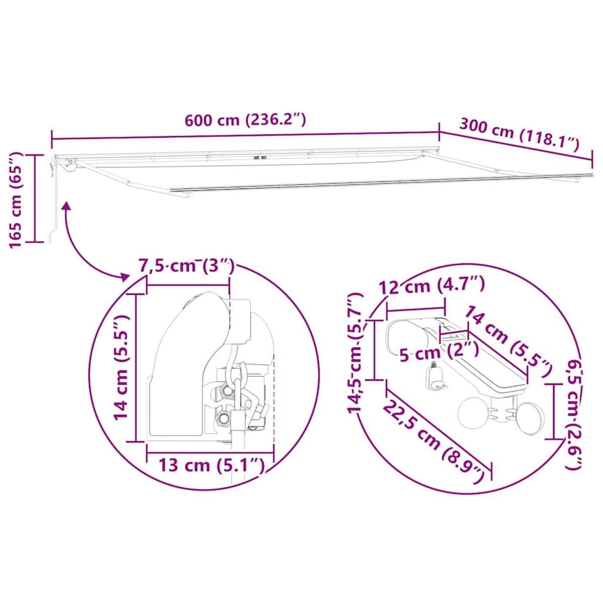 Diagramma che mostra una tenda da sole retrattile con dimensioni e dettagli delle sue parti.