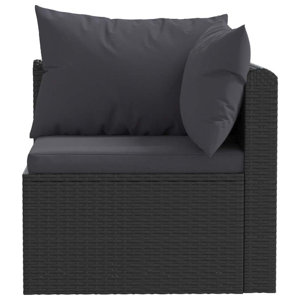 Schwarzer Rattan-Eckstuhl mit grauen Kissen. Zwei Kissen auf der Rückseite.
