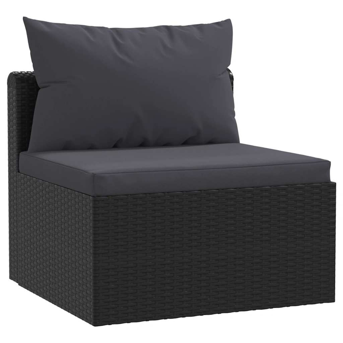Schwarzer Rattan-Sessel mit grauem Kissen und Kissen. Quadratisches Design.