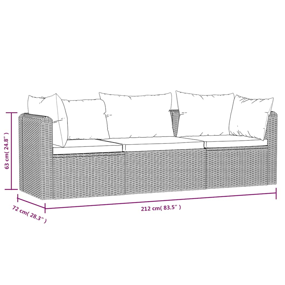 Rattan-Outdoor-Sofa mit grauen Kissen. Die Abmessungen sind im Bild angegeben.