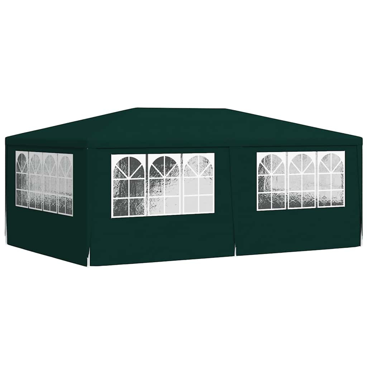 Gazebo verde con finestre bianche. Forma rettangolare con tetto piatto.
