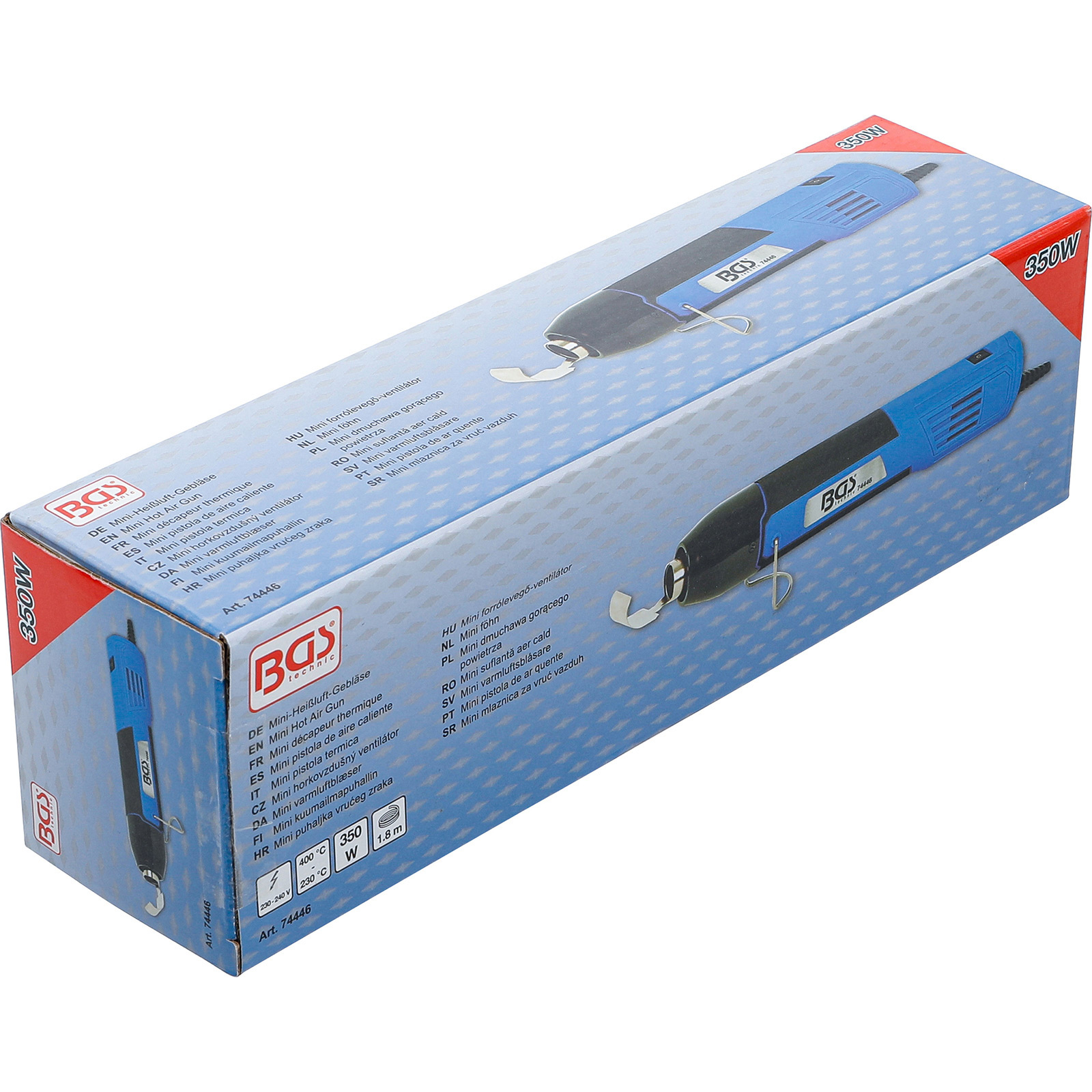 Scatola con una pistola termica blu e nera. Dettagli sulla pistola e sull'imballaggio visibili.