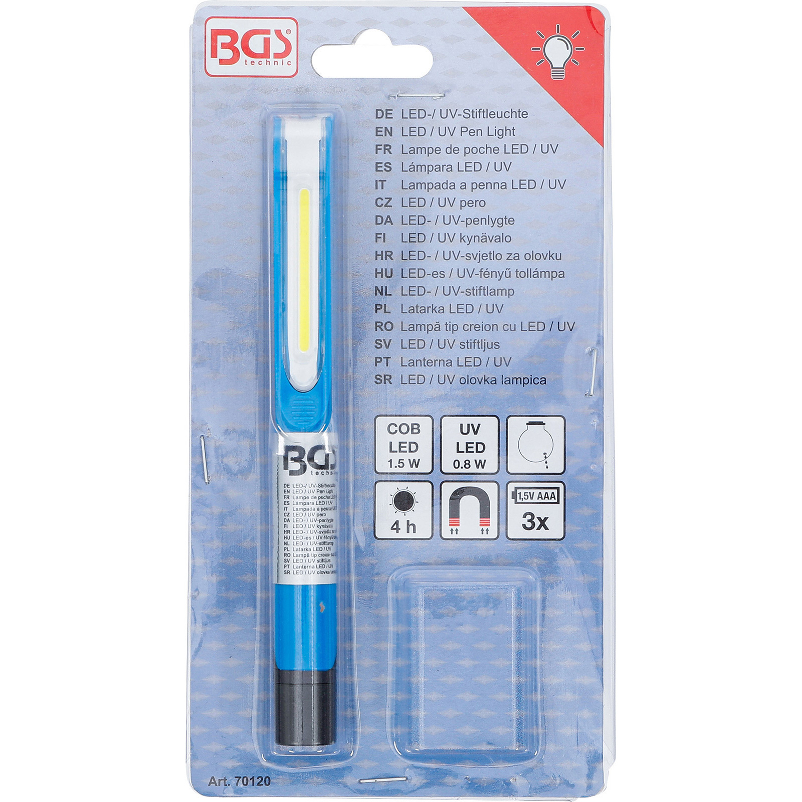 Blau-weiße LED-UV-Stiftleuchte in Kunststoffverpackung mit Spezifikationen und Markendetails.