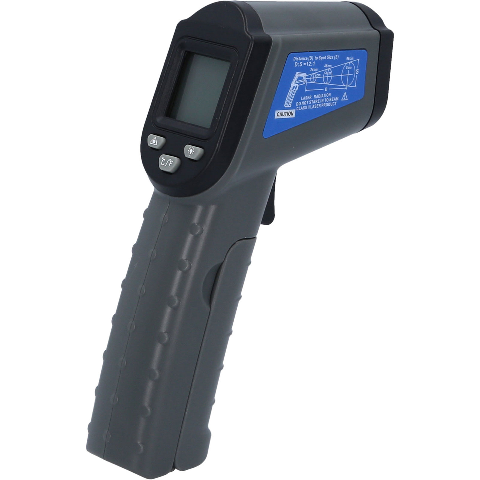 Ein graues Laserthermometer mit schwarzem Bildschirm und Knöpfen. Es hat ein blaues und graues Etikett.