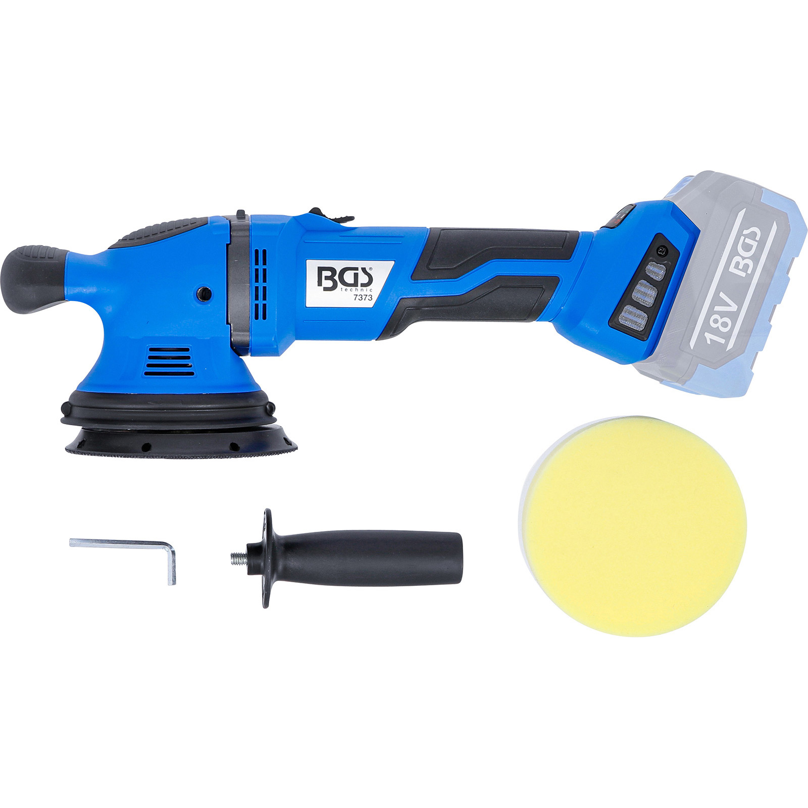 Eine blaue Poliermaschine mit Zubehör wie gelbem Pad, Griff und Schraubenschlüssel.