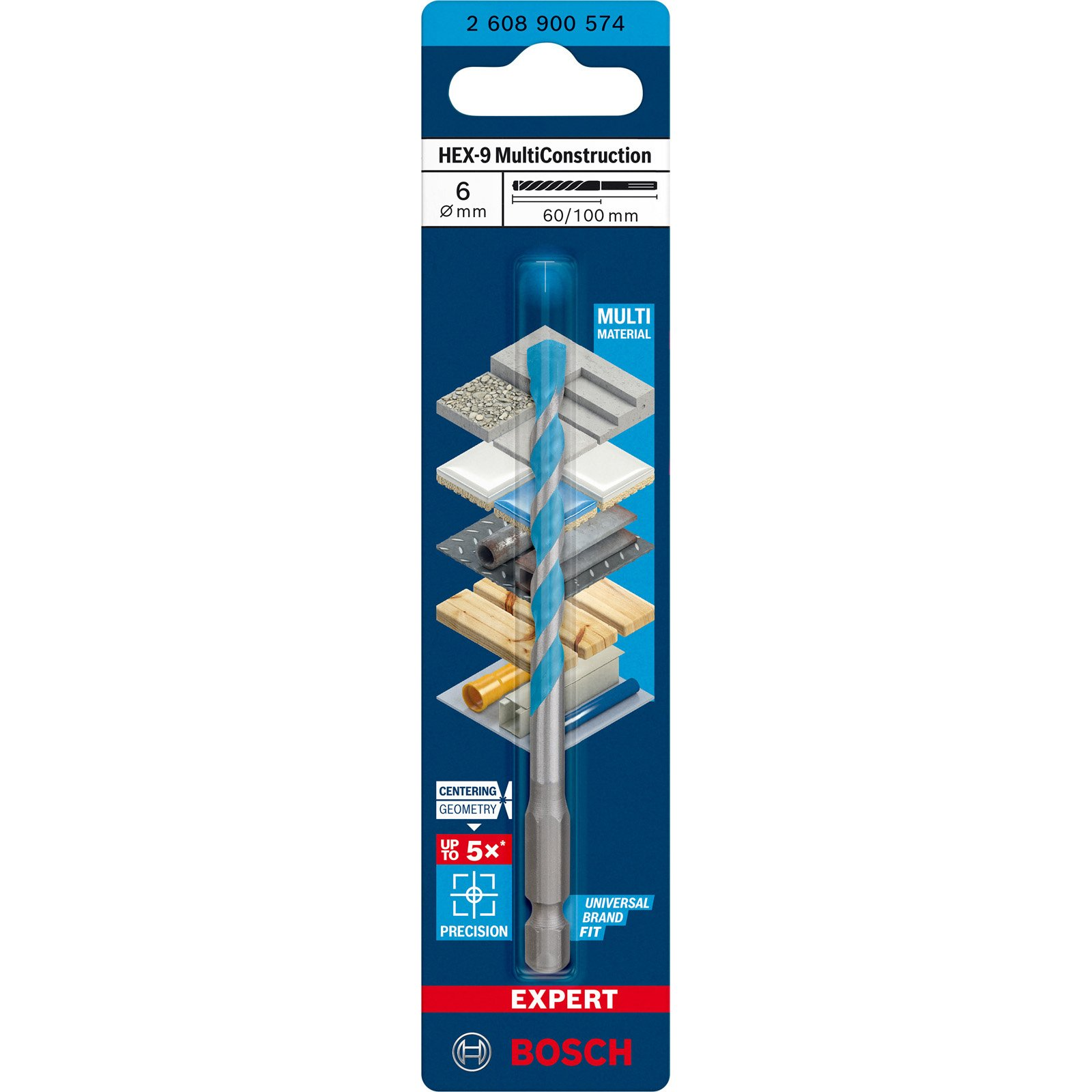 Bohrerverpackung mit einem Bohrer und Details. Der Bohrer ist silber und blau, mit weißem Hintergrund.