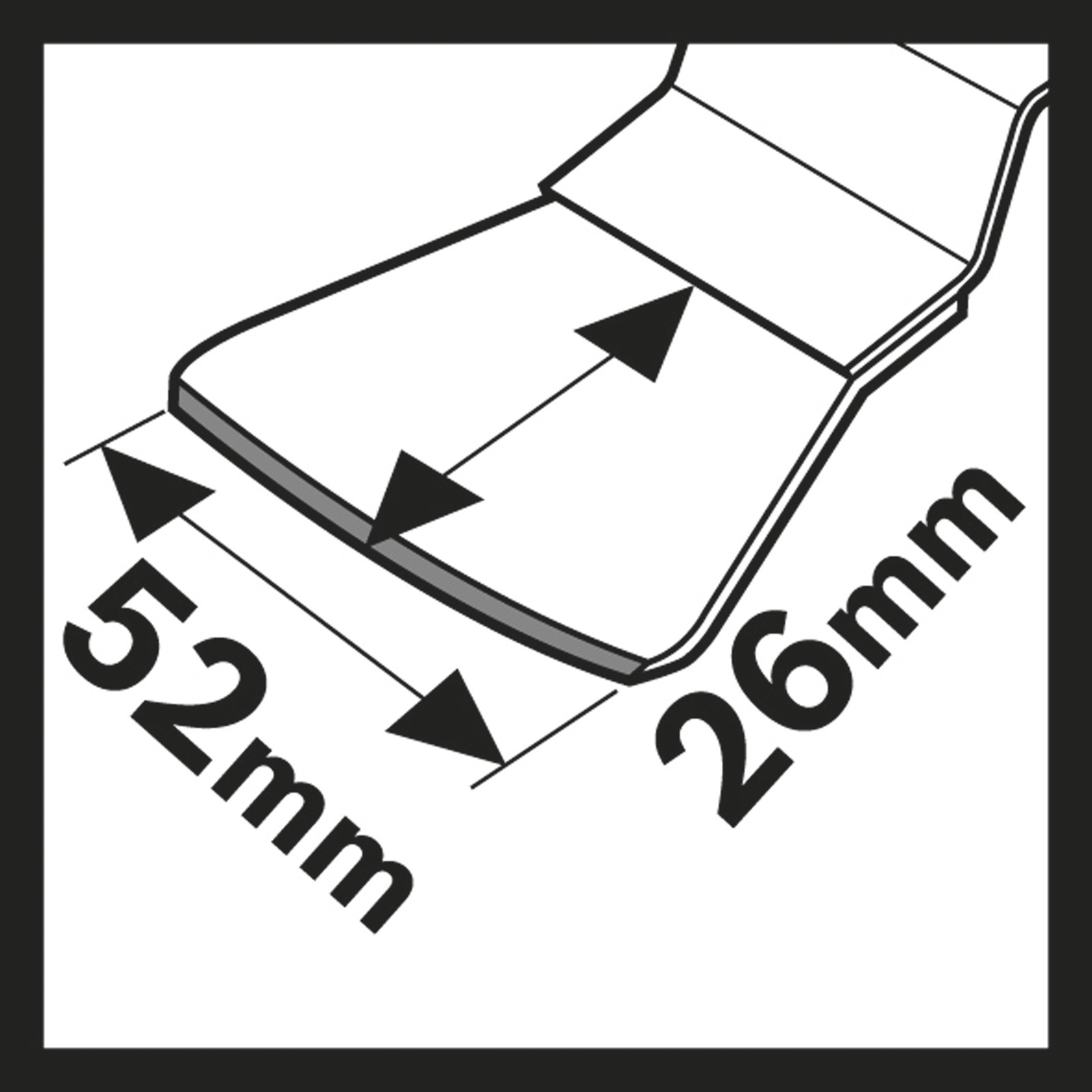 Diagramm mit den Abmessungen eines Metallstücks. Es ist 52 mm x 26 mm groß.