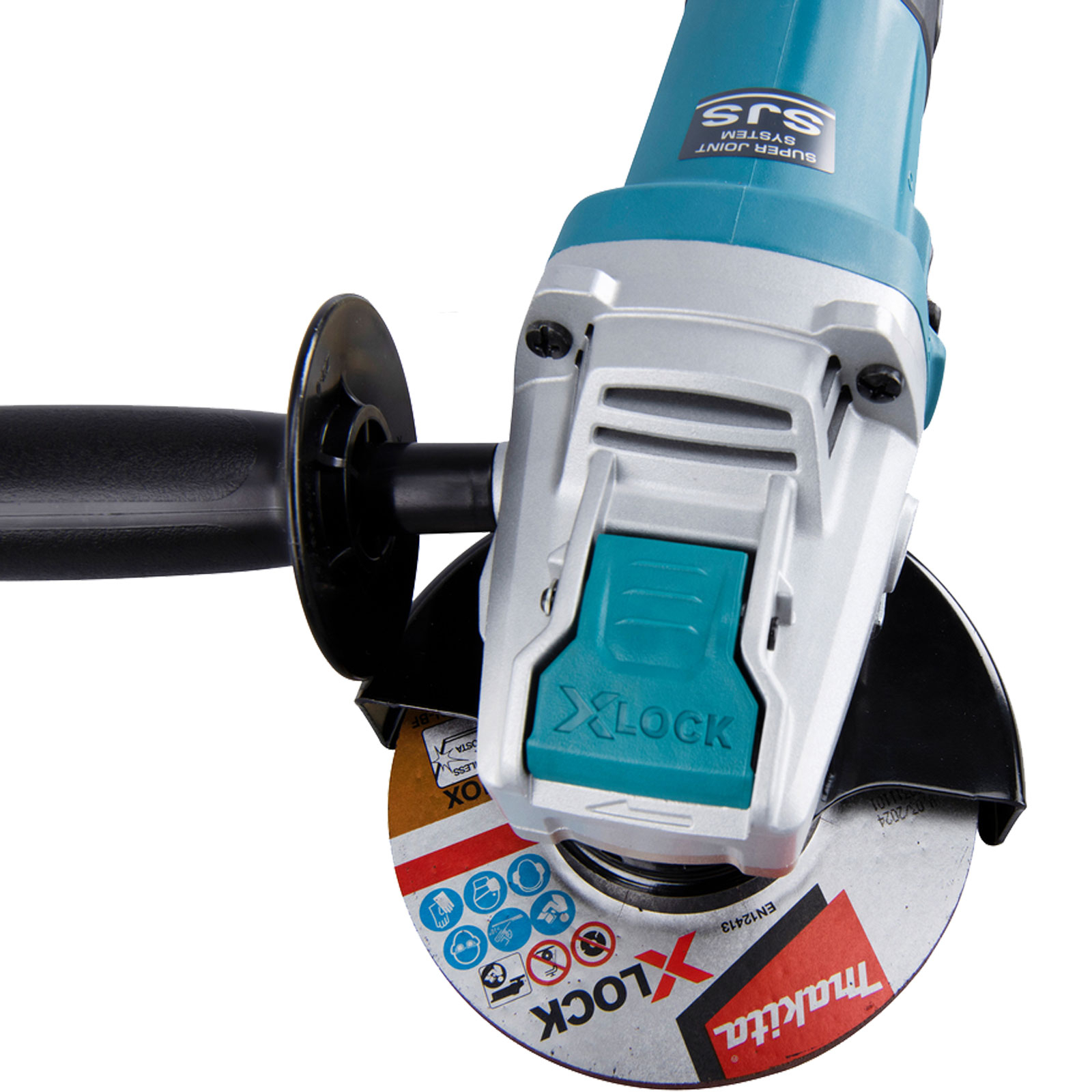Angle grinder with a black handle and a cutting disc. The body is teal and gray.