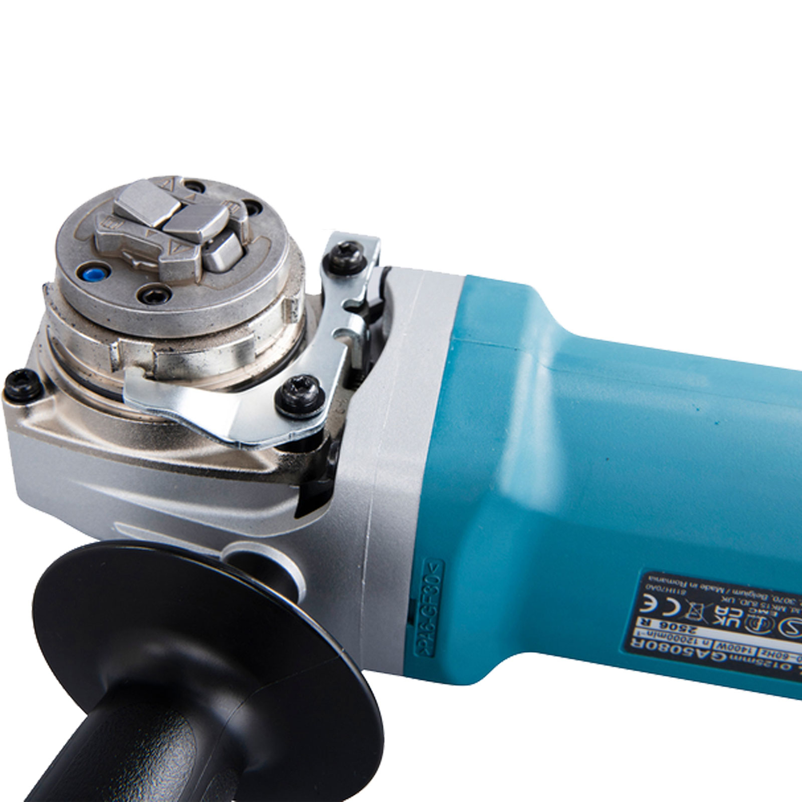Angle grinder with a black handle and a silver head. Body is teal. White background.