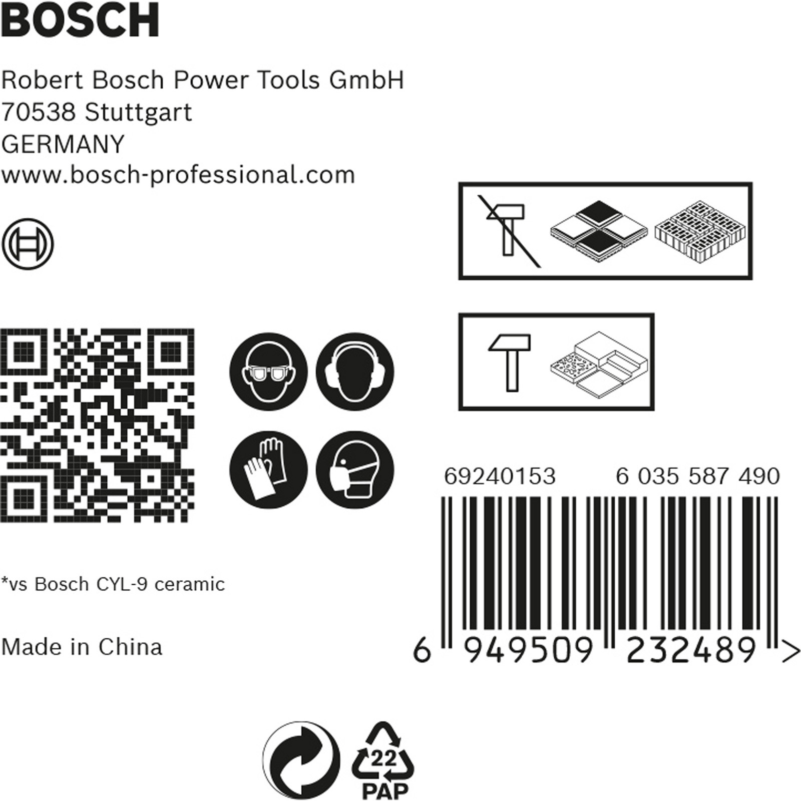 Marchio Bosch su sfondo bianco. Include informazioni sul prodotto, simboli e un codice QR.