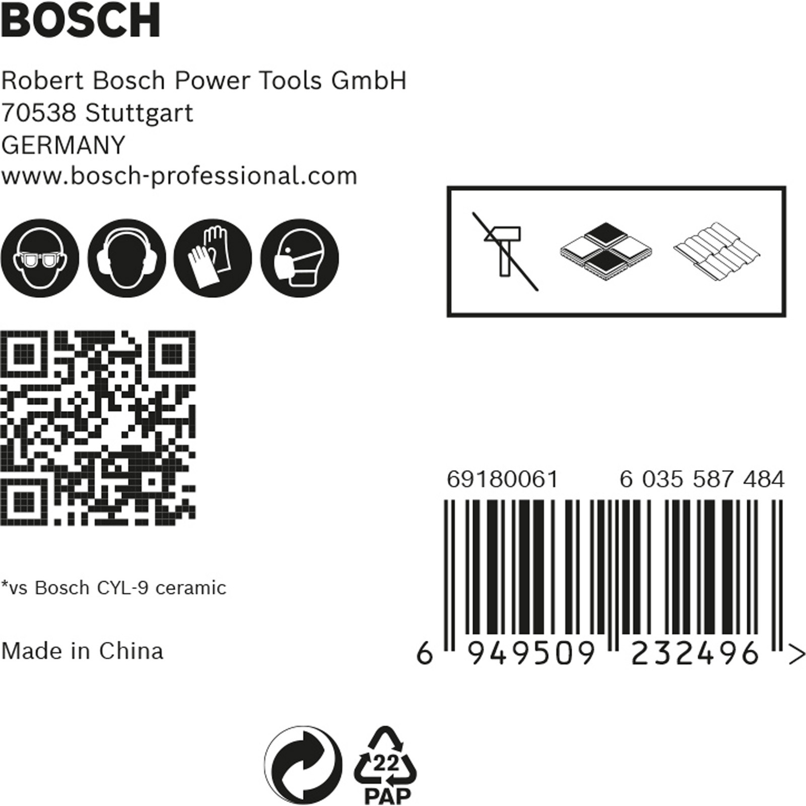 Weißer Hintergrund mit Bosch-Produktinfo, Sicherheitssymbolen, einem QR-Code und einem Barcode.