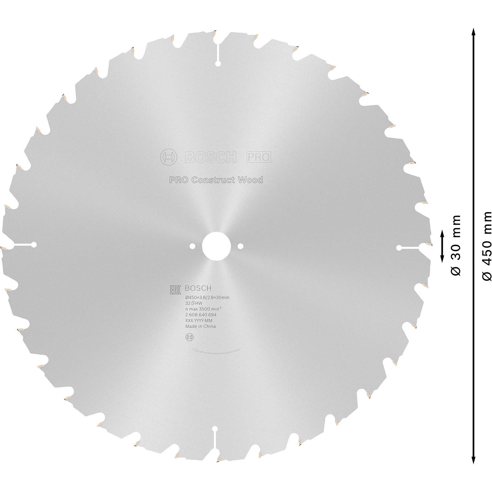 Ein großes Kreissägeblatt mit Zähnen. Es ist silberfarben mit dem Markennamen 'BOSCH PRO'.