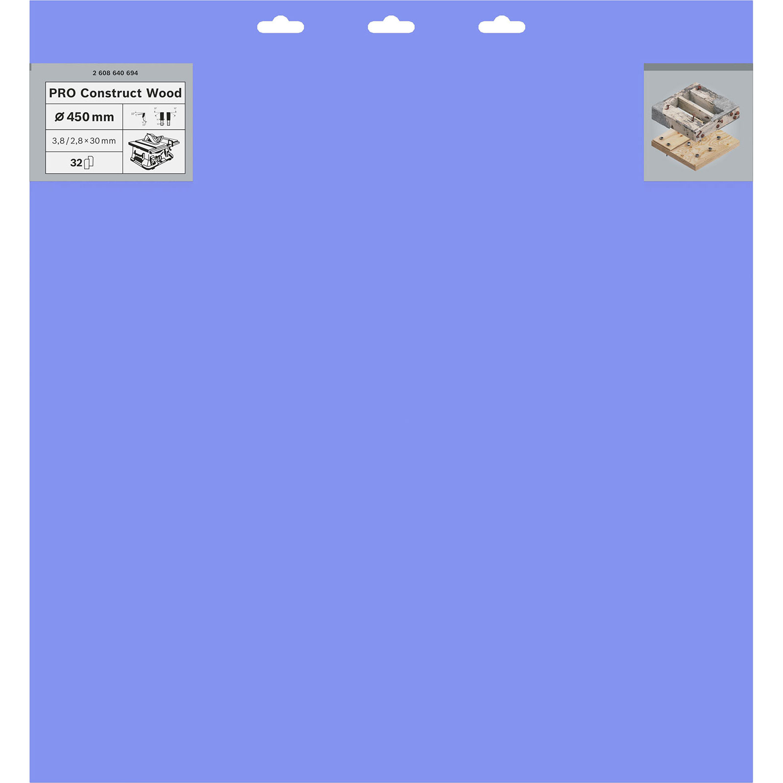 Blaues quadratisches Papier mit Text: PRO Construct Wood, Ø450mm. Kleines Diagramm in der Ecke.