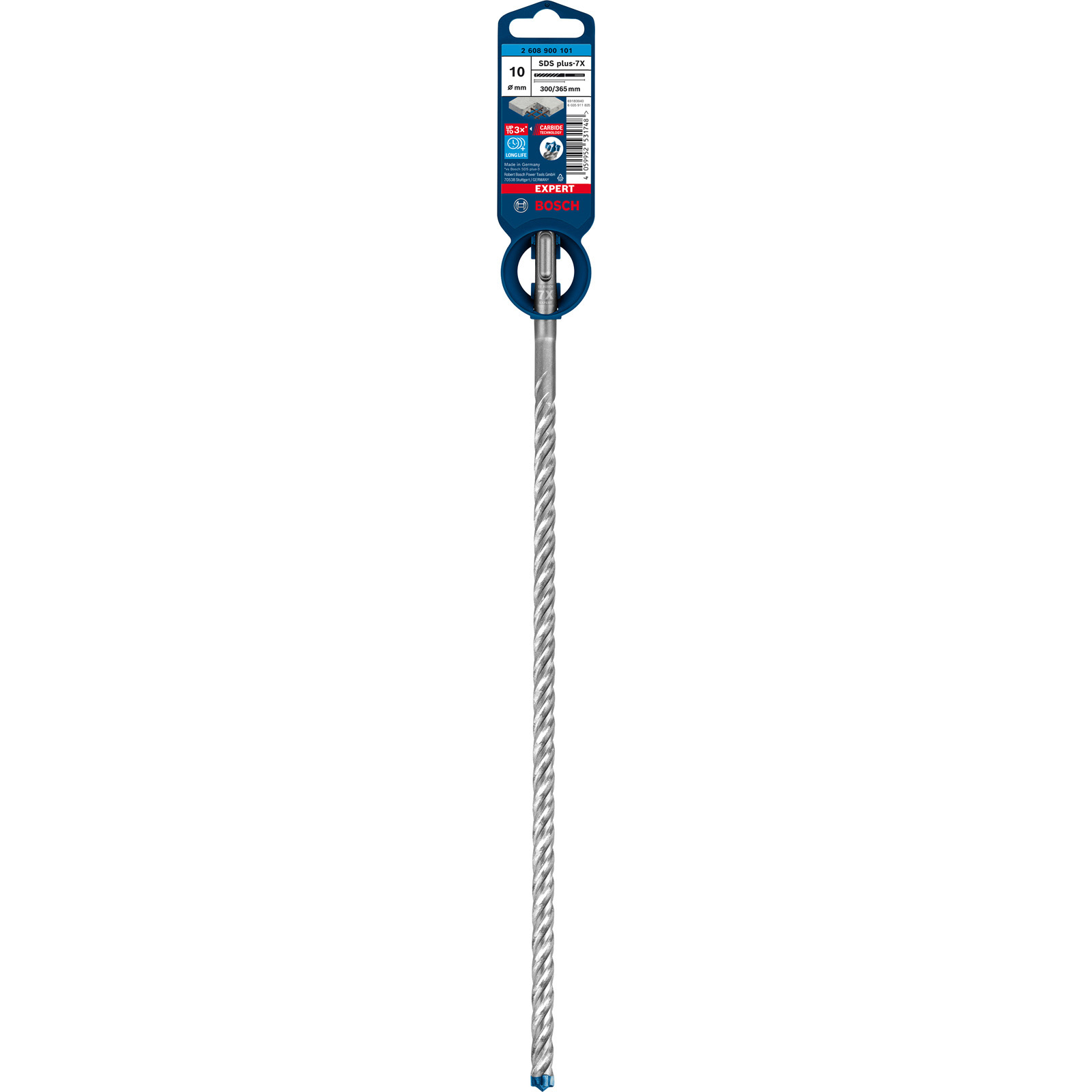 Una lunga punta da trapano con un design a spirale e un'etichetta Bosch sulla confezione. È blu e argento.