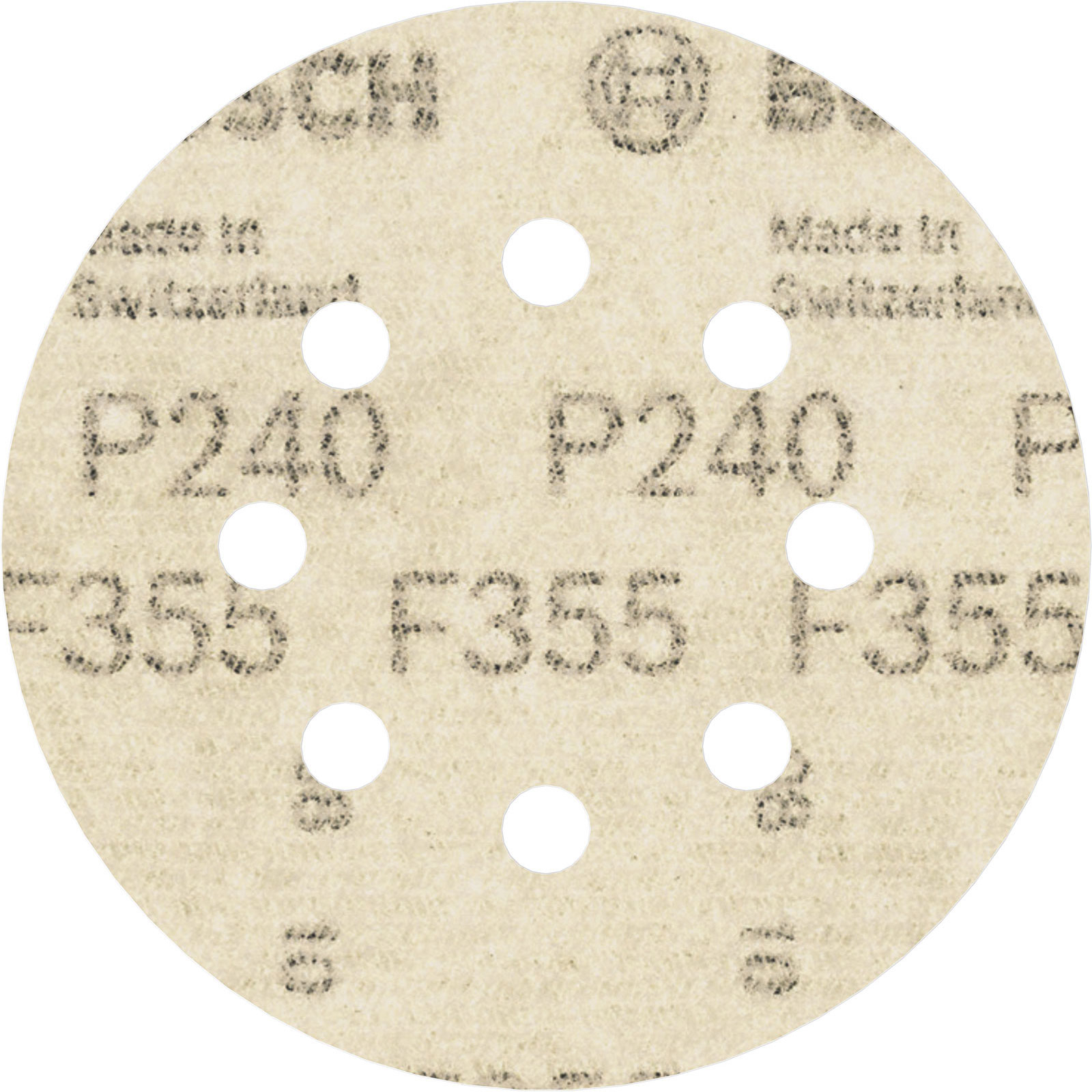 Runde, beige Schleifscheibe mit Löchern. Text: P240, F355, Made in Switzerland und Bosch-Logo.